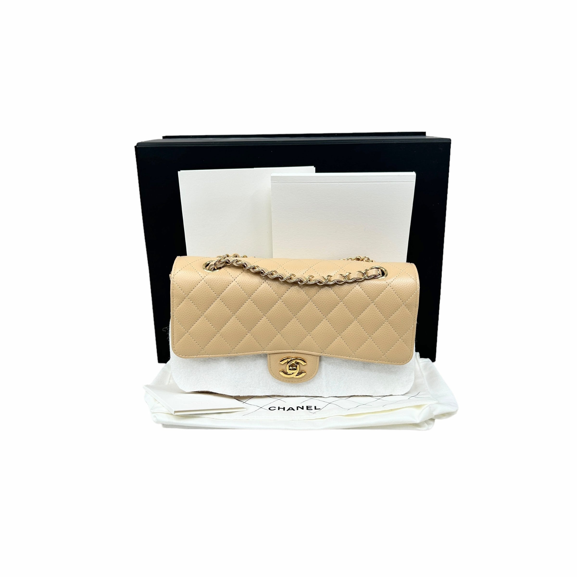 Caviar Beige Clair Medium Double Flap Classic W/GHW