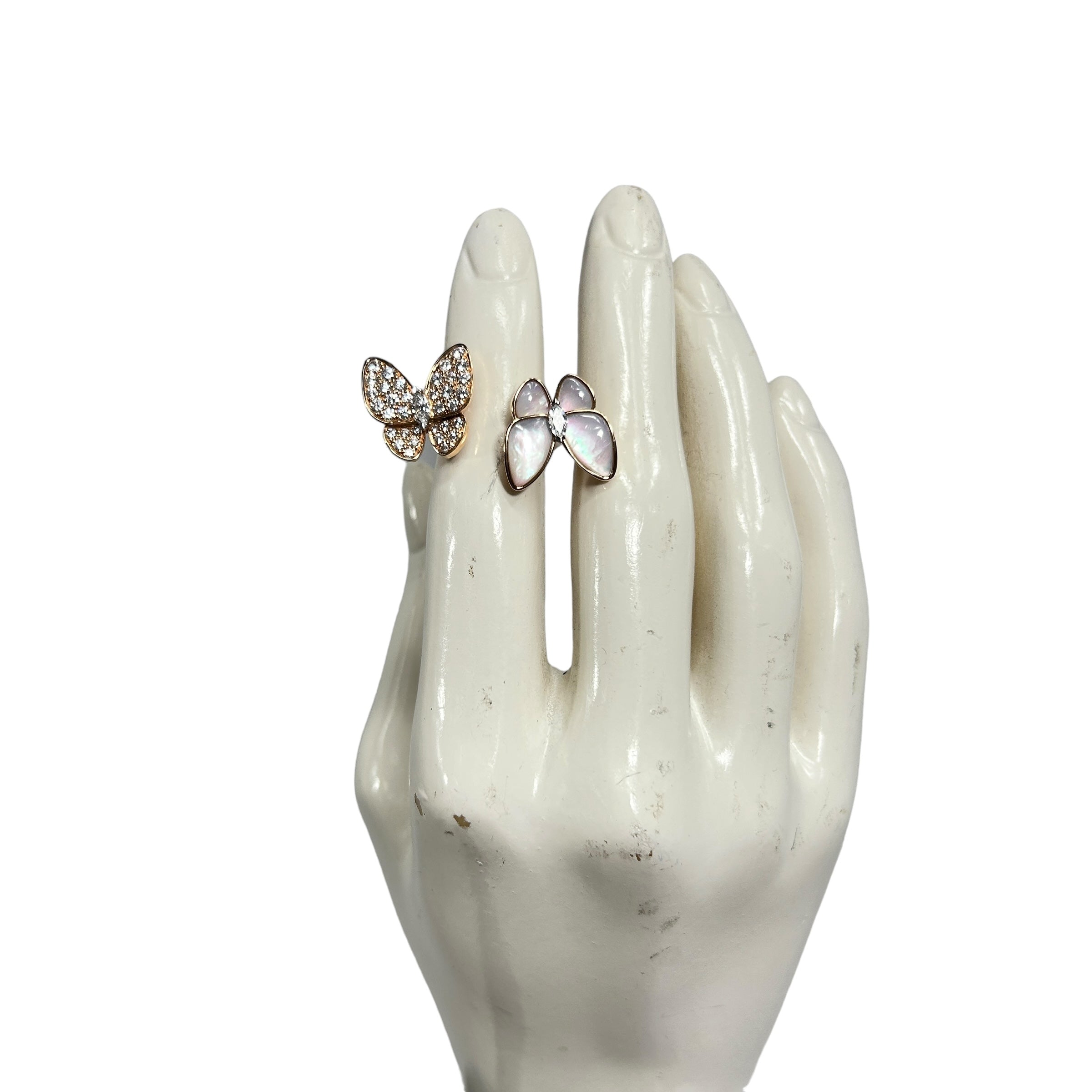 Rose Gold, White Gold, White Mother Of Pearl, Round and Marquise Diamonds Two Butterfly Between The Finger Ring