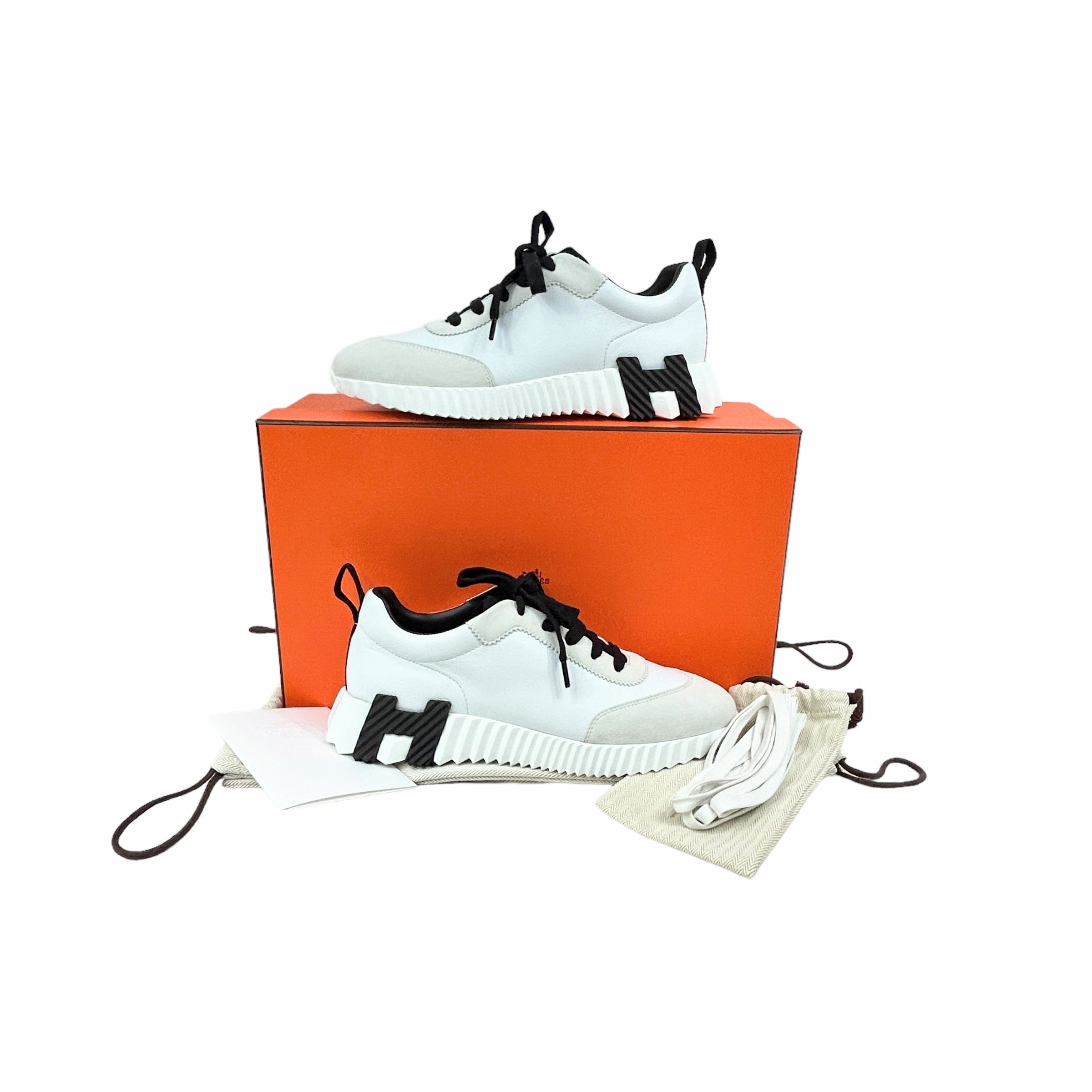 White/Black Suede/ Grained Goatskin Bouncing Sneakers