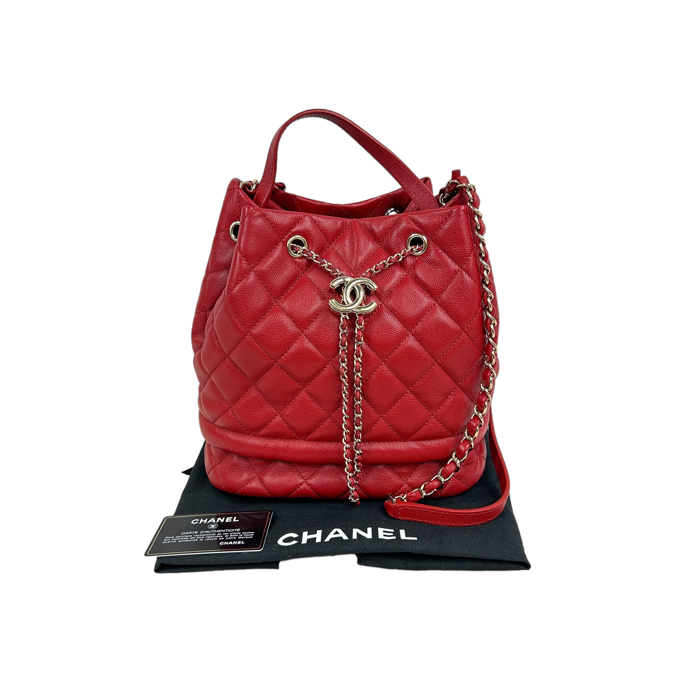 Red Caviar Quilted Medium Rolled Up Bucket Drawstring Bag w/LGHW