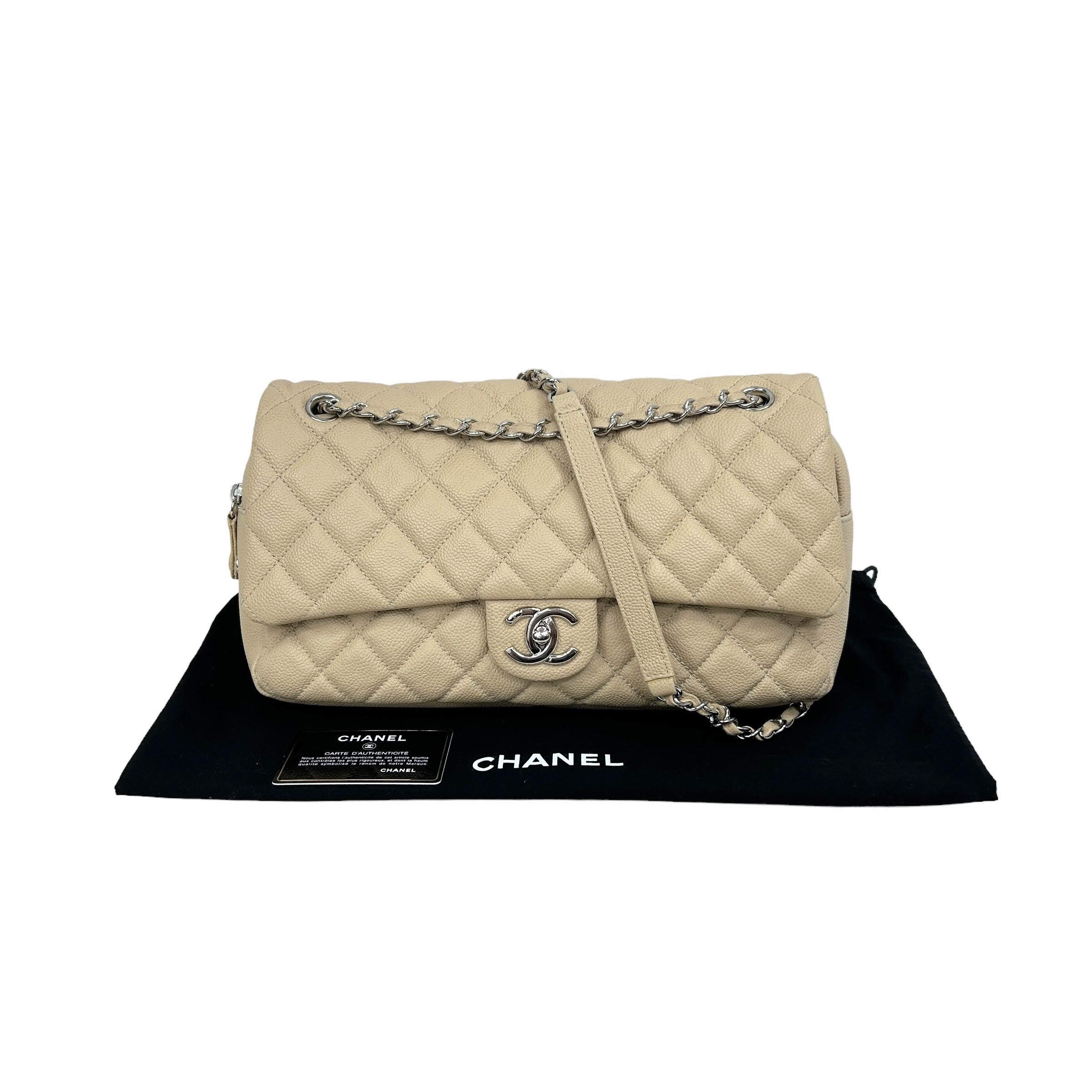 Beige Caviar Quilted Jumbo Classic Easy Flap Bag w/SHW