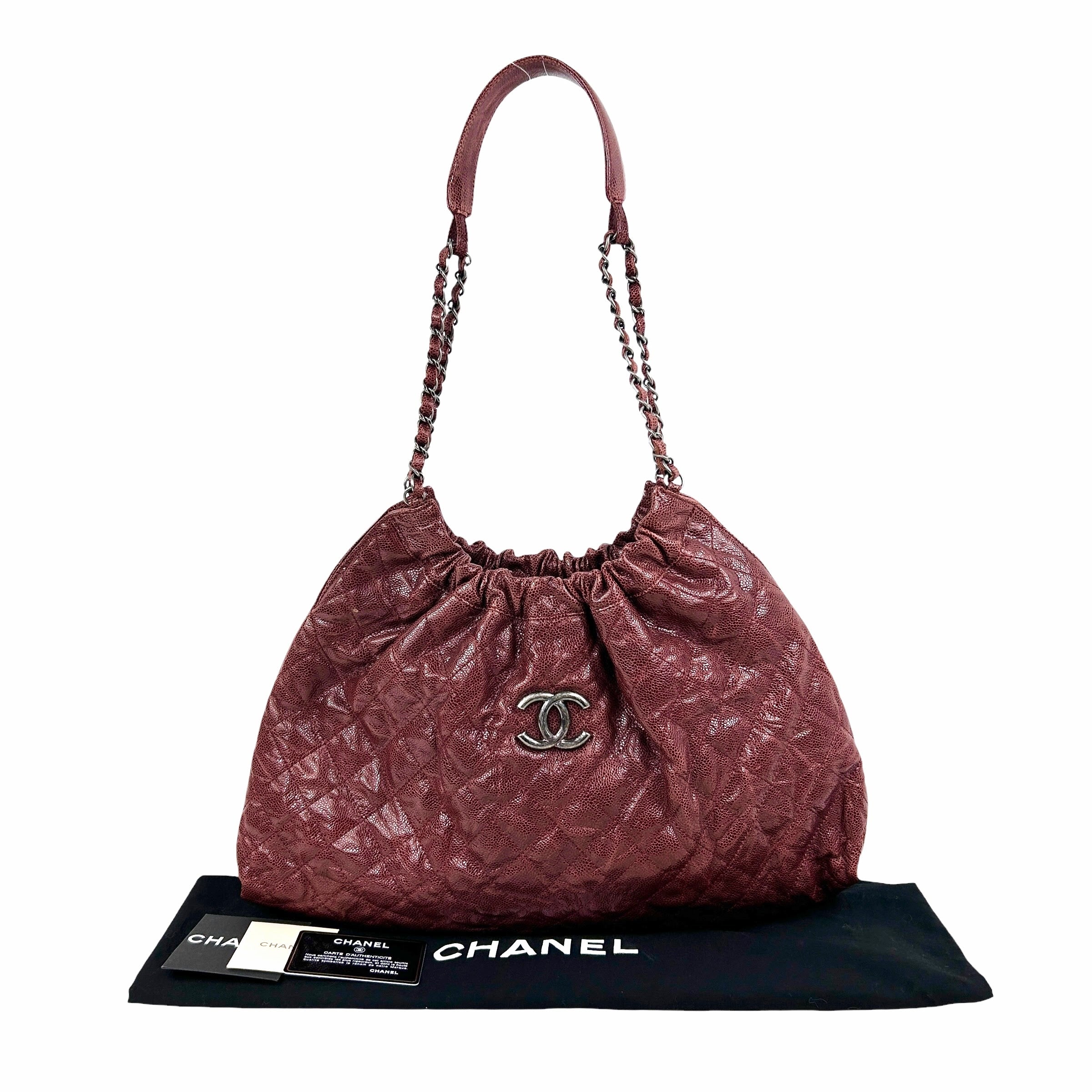 Glazed Caviar Quilted Burgundy CC Elastic Shoulder Bag W/RHW