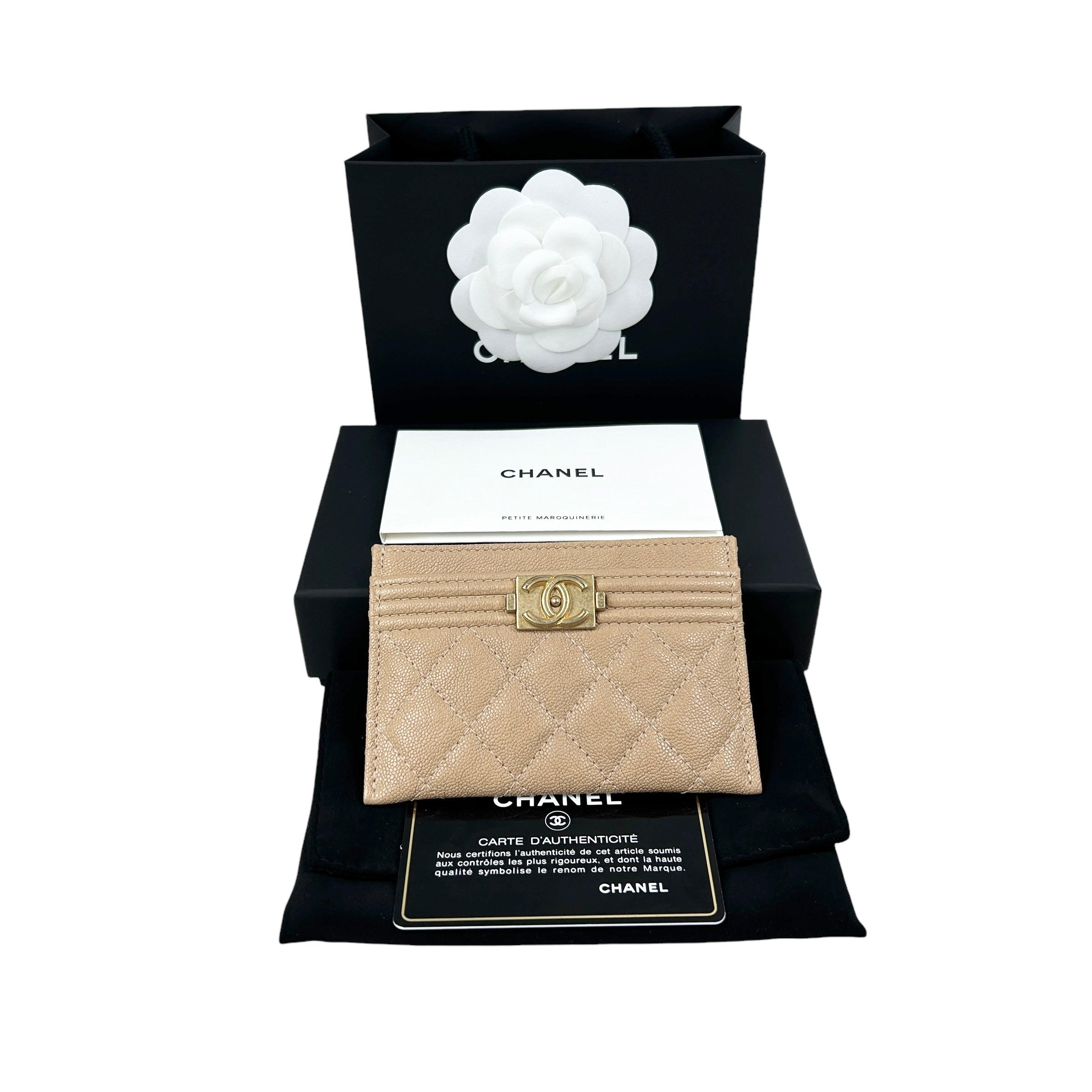 Beige Caviar Quilted Boy Card Holder W/AGHW