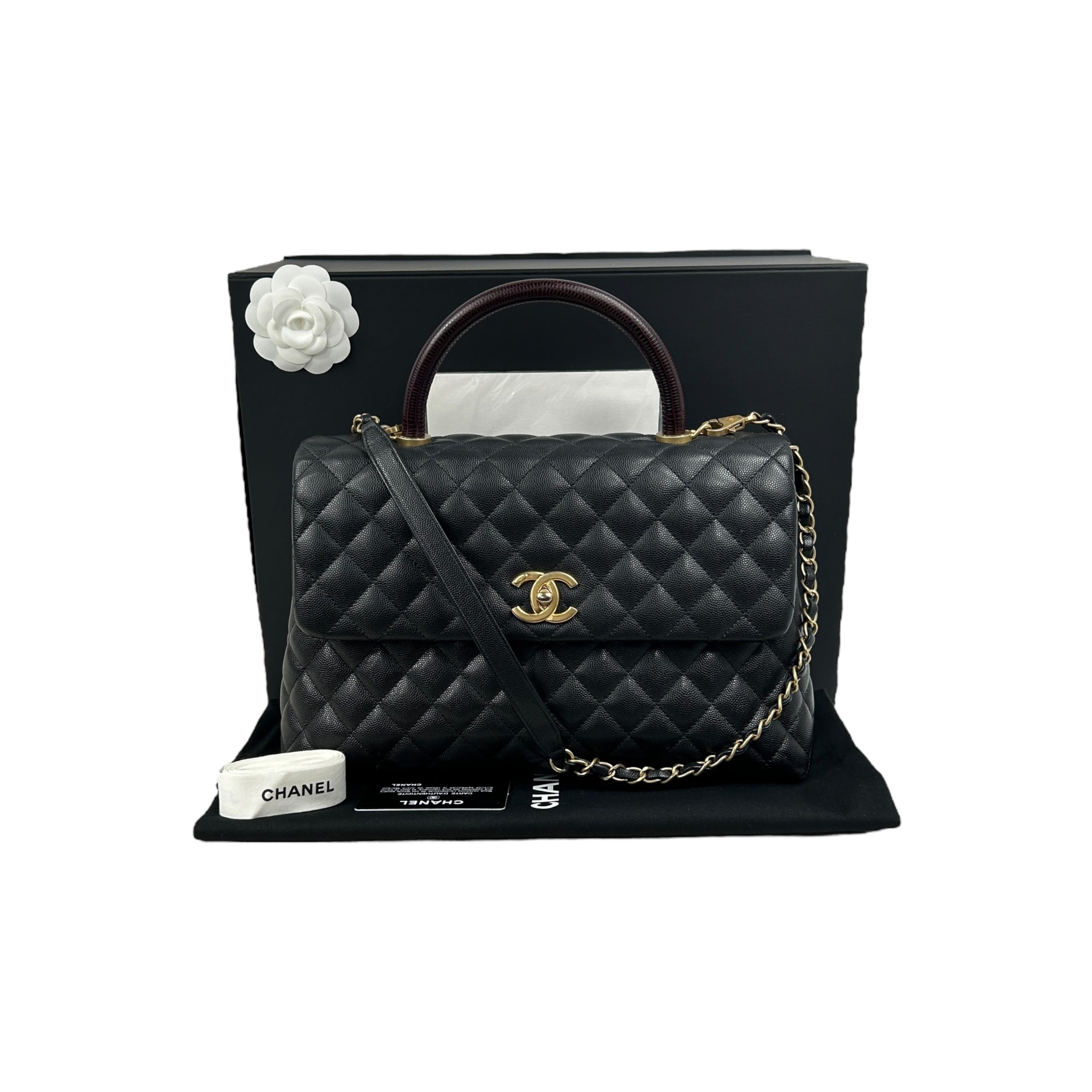 Black Caviar Quilted Coco Top Lizard Handle Large Bag w/AGHW