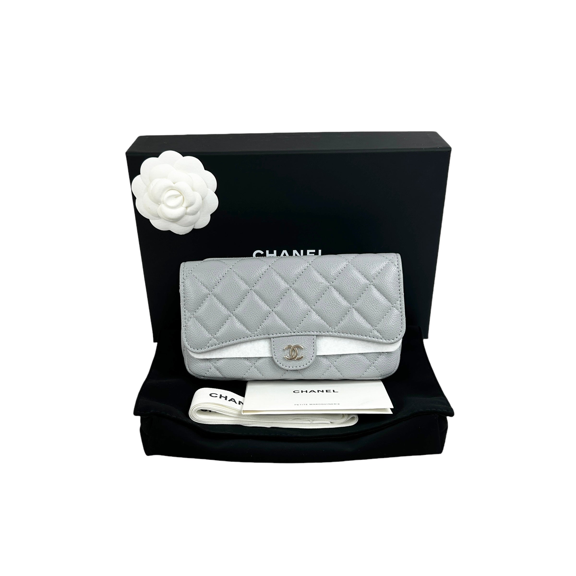 Caviar Quilted Light Grey Wallet/ Phone Holder on Chain w/LGHW