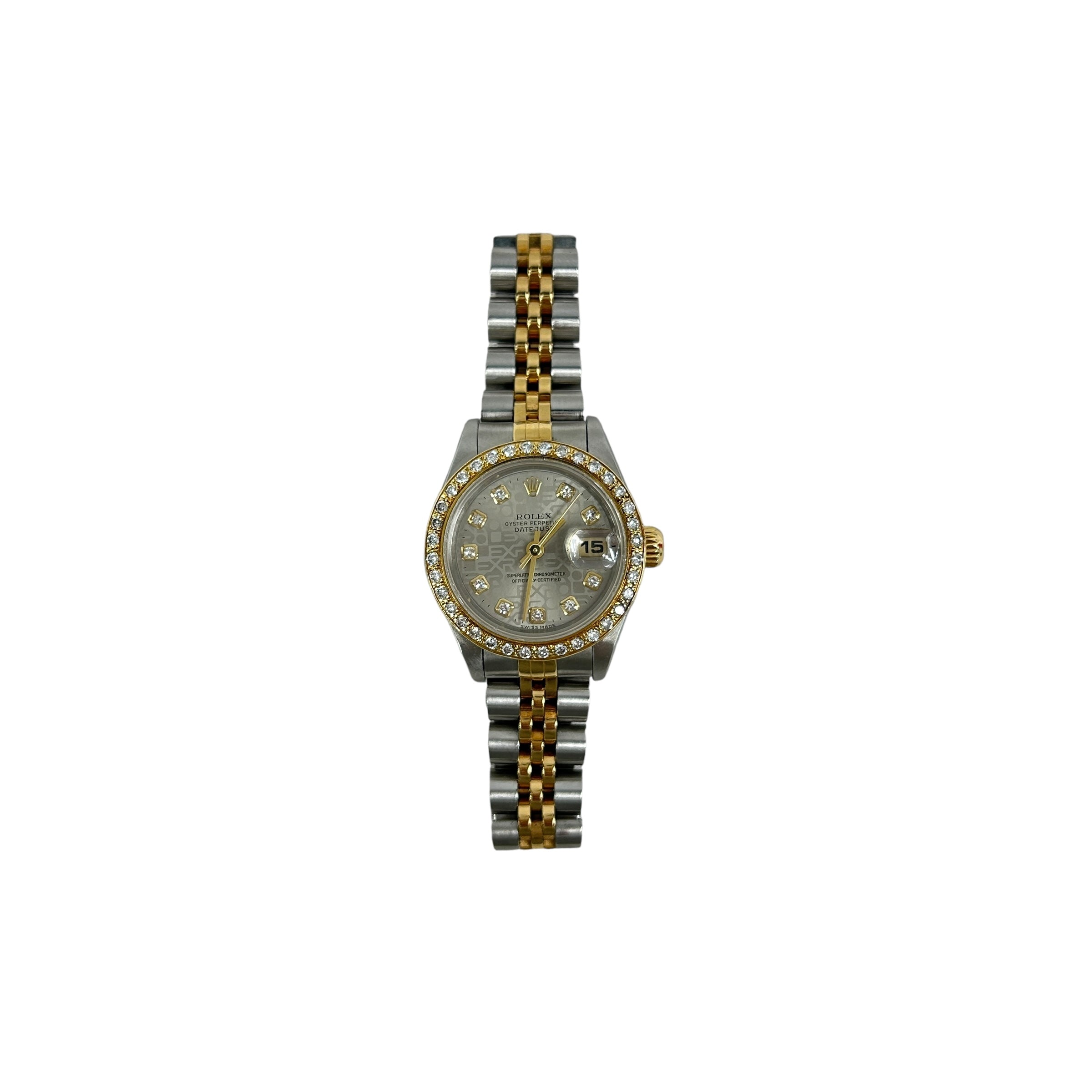 Ladies Oyster Perpetual Datejust Two Tone Silver/18K Yellow Gold Diamond Dial and Diamond Bezel Watch