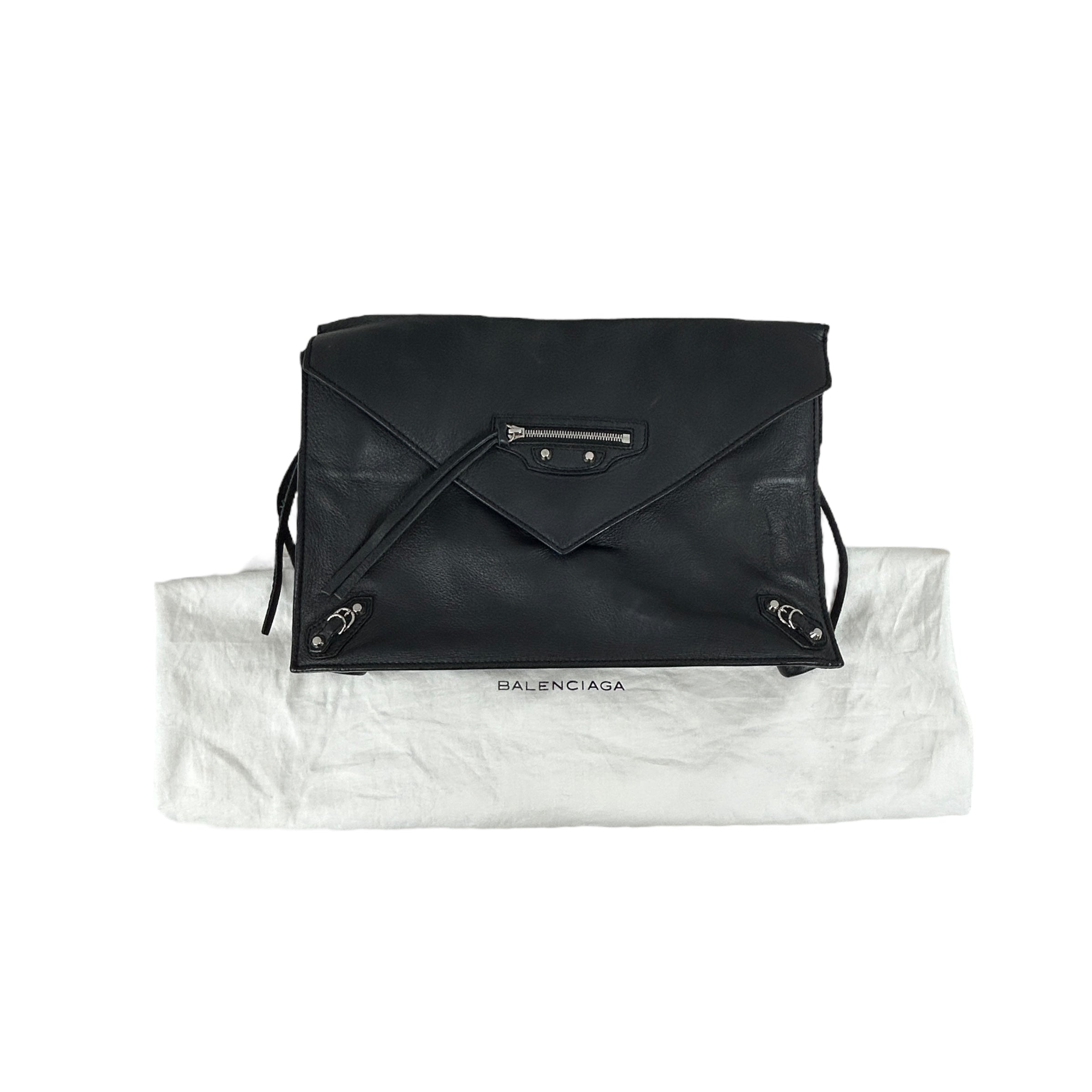 Black Calfskin Leather Paper Zip Around Site Clutch w/SHW