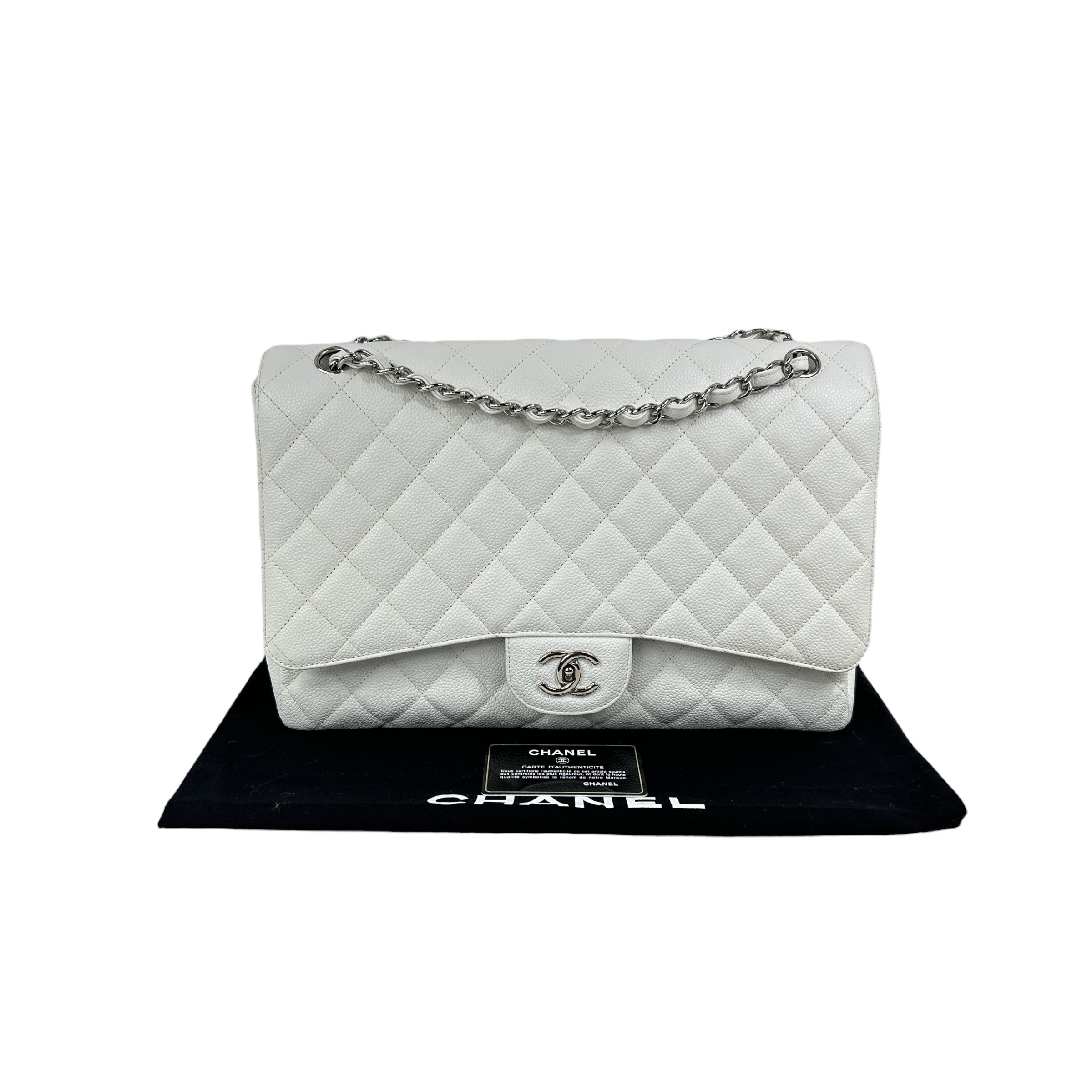 White Caviar Quilted Maxi Single Flap Classic Bag w/SHW