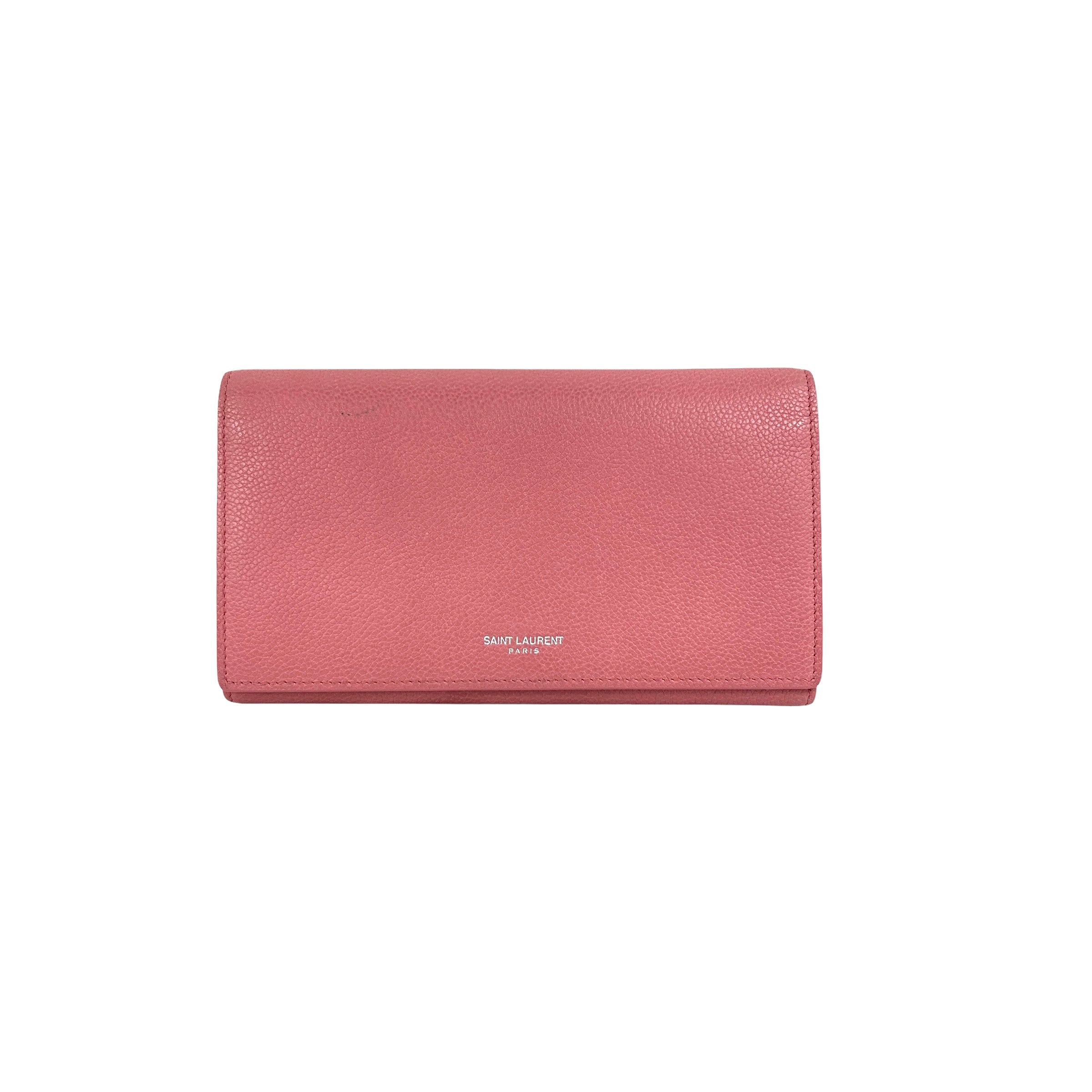 Pink Grained Calfskin Leather Long Wallet w/SHW