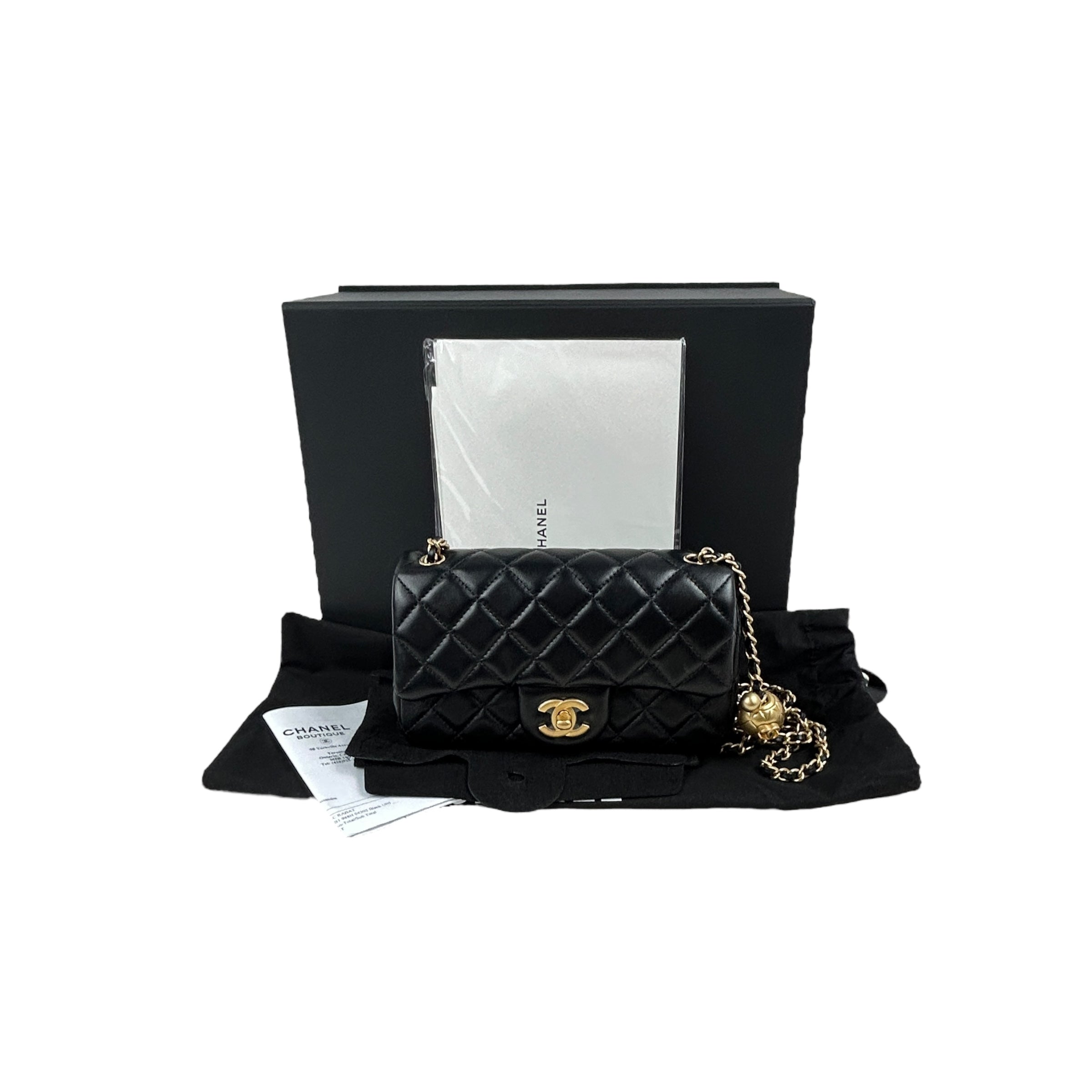 Black Lambskin Leather Quilted Rectangle Mini Pearl Crush w/AGHW