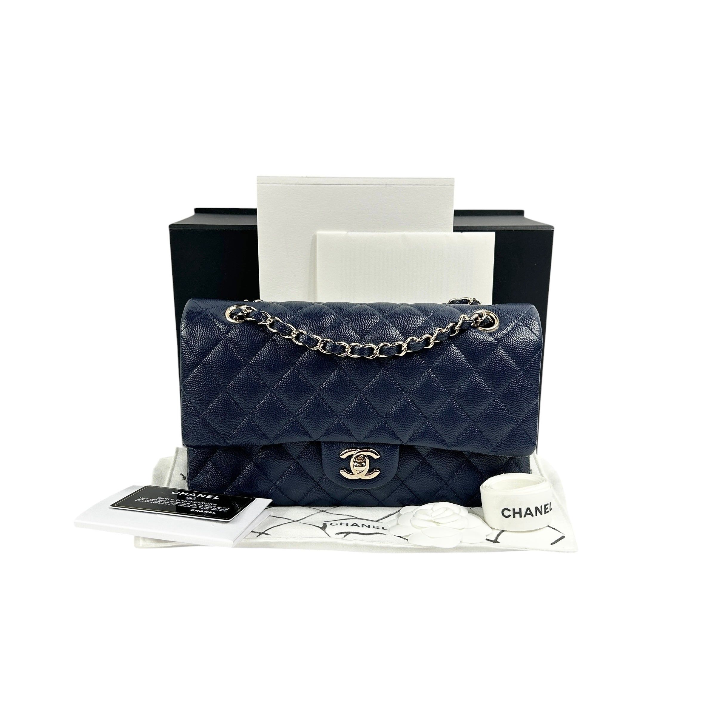 Navy Quilted Caviar Medium Classic Double Flap Bag w/GHW