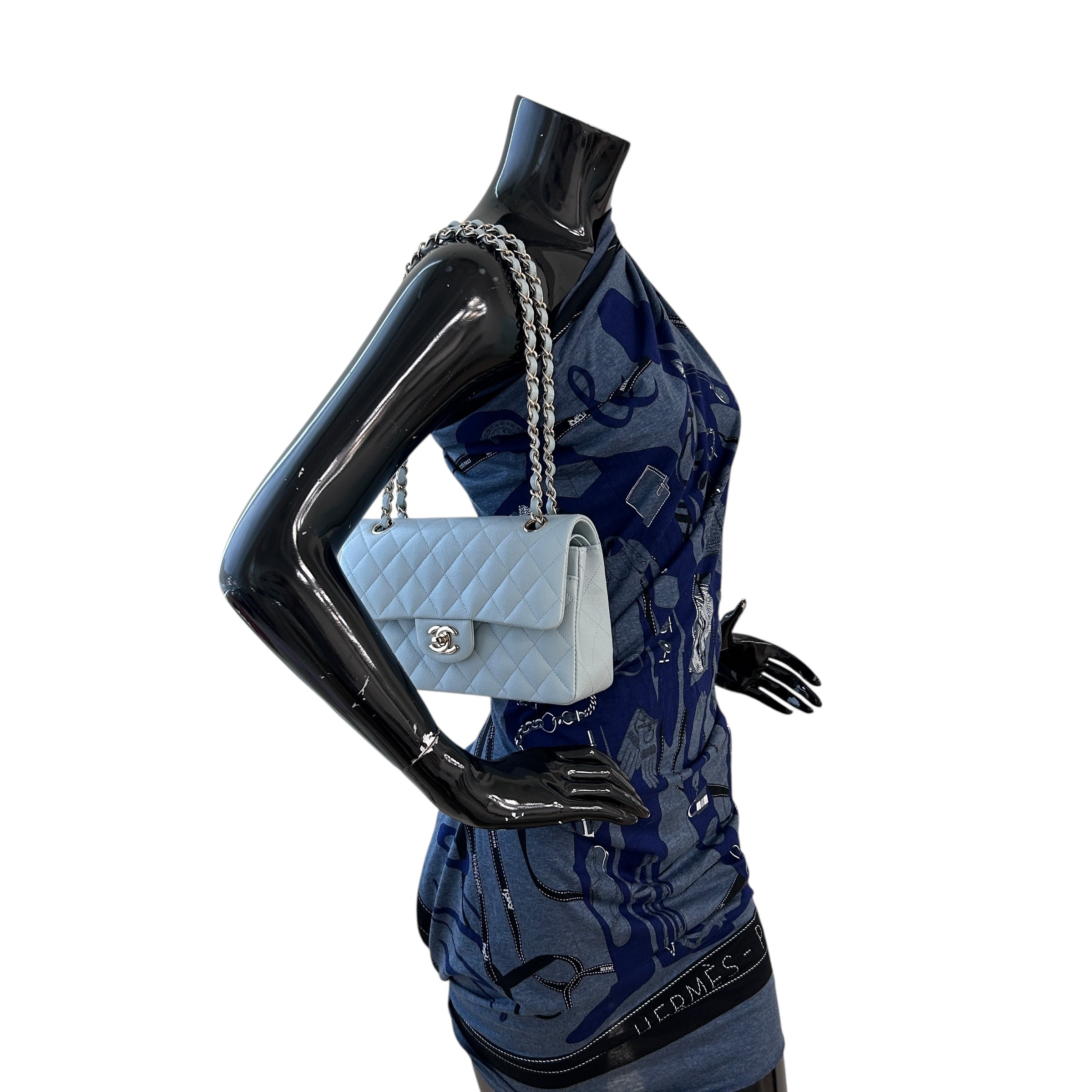 Light Blue Quilted Caviar Leather Classic Medium Double Flap Bag w/GHW