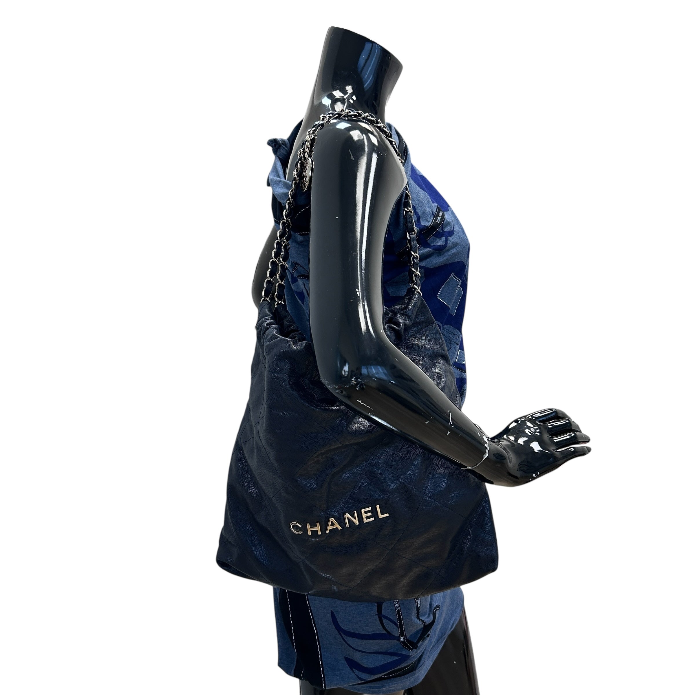Navy Quilted Shiny Caviar Leather 22 Small Hobo Bag w/GHW