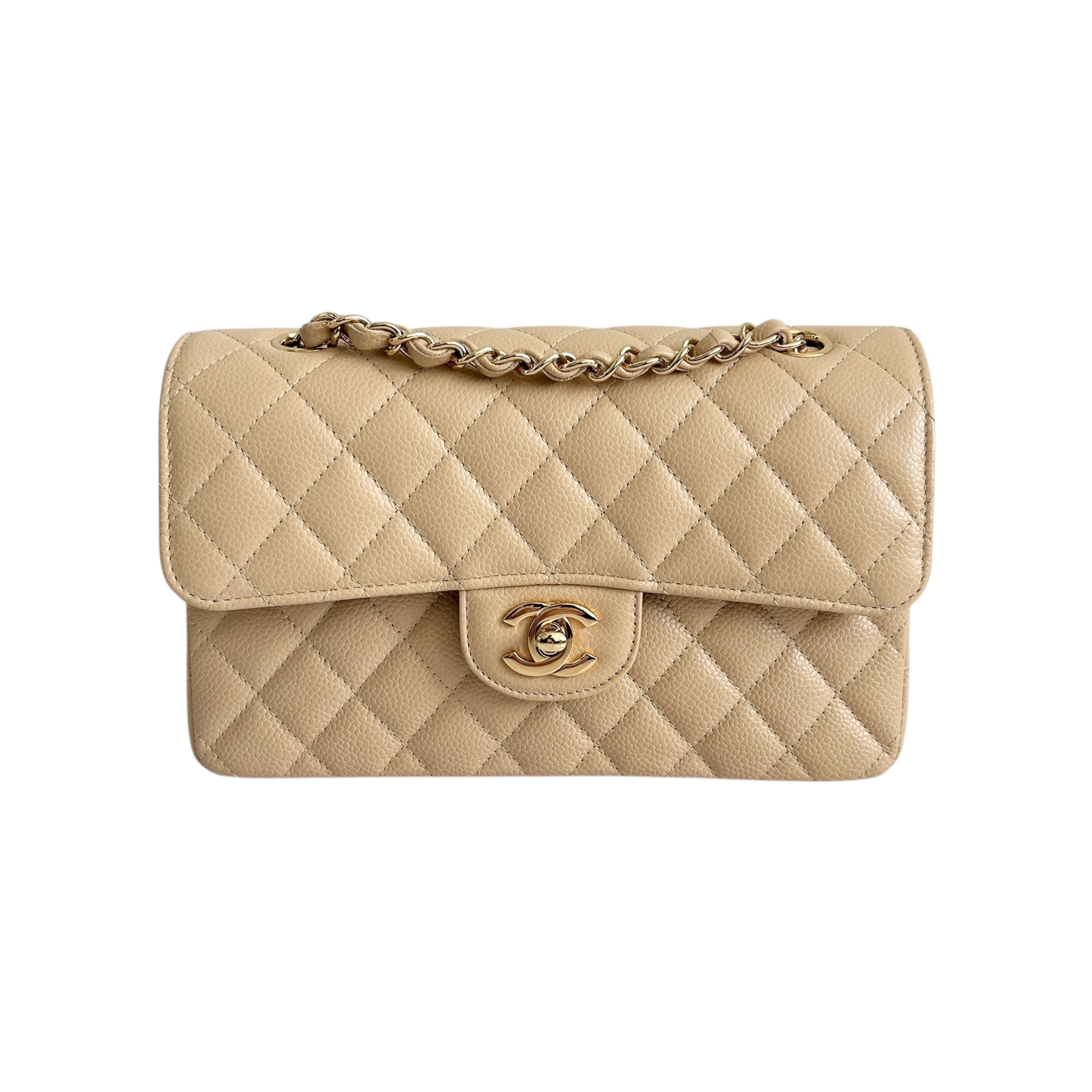 Light Beige Quilted Caviar Classic Small Double Flap Bag w/GHW