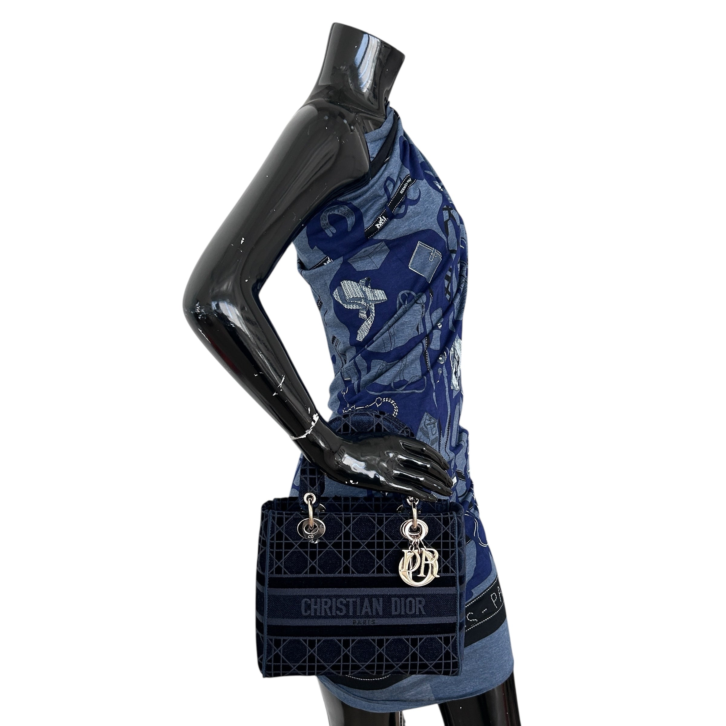 Navy Toile De Jouy Embroidery Medium Lady D-Lite Bag w/GHW