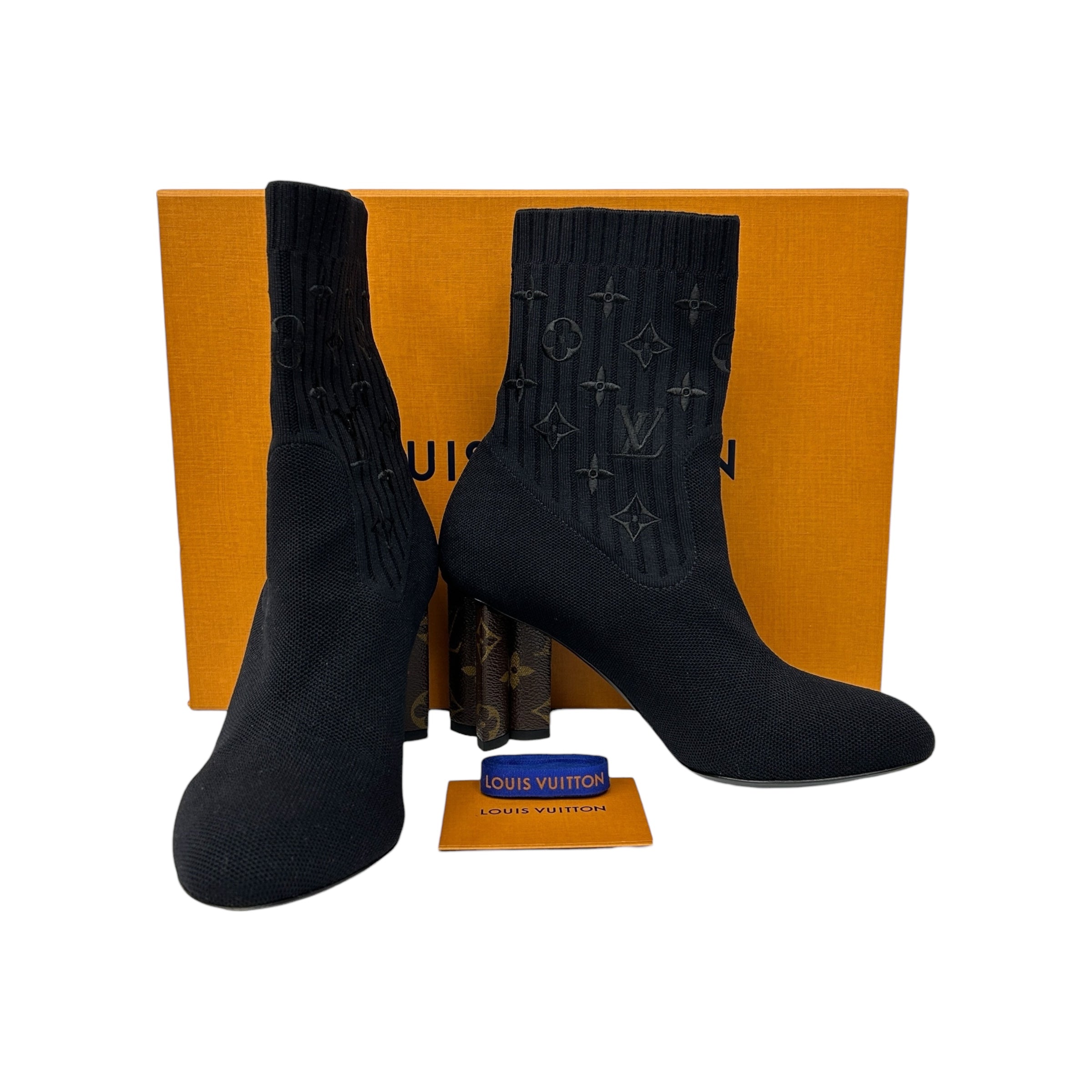Black Silouette Ankle Boots w/Monogram Block Heel