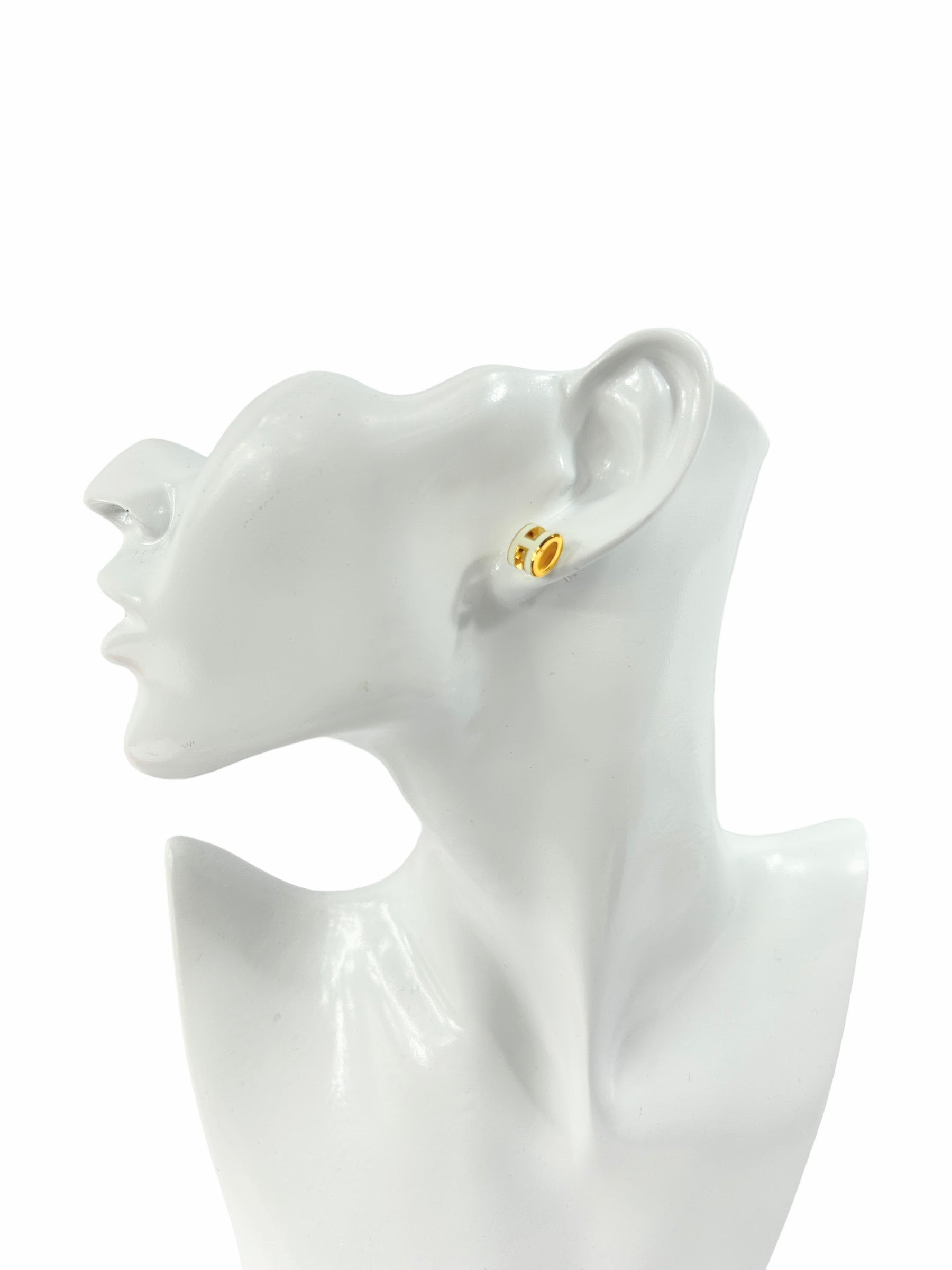 Mini White Enamel H Pop Earrings w/GHW
