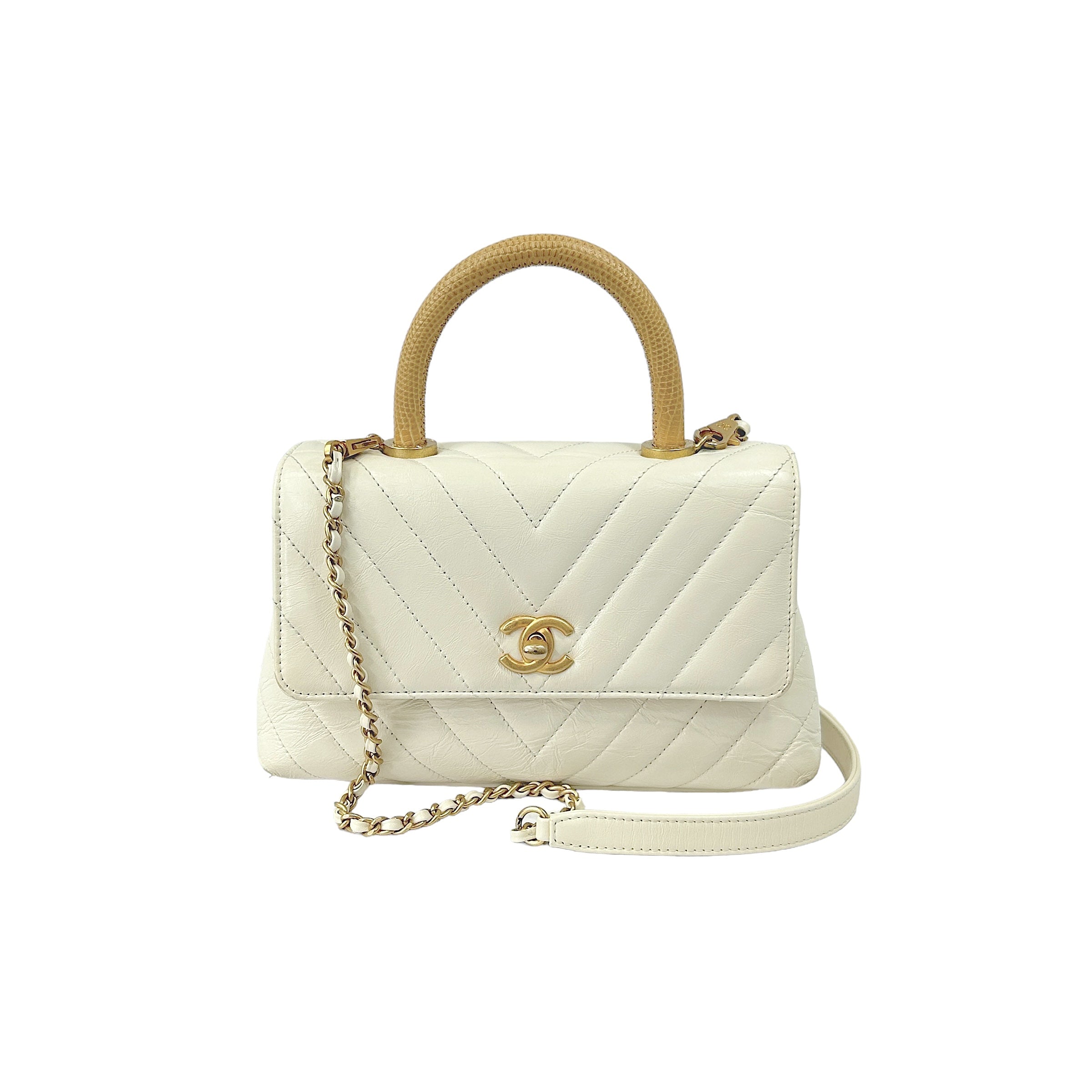 White Chevron Leather Lizard Beige Small Coco Handle