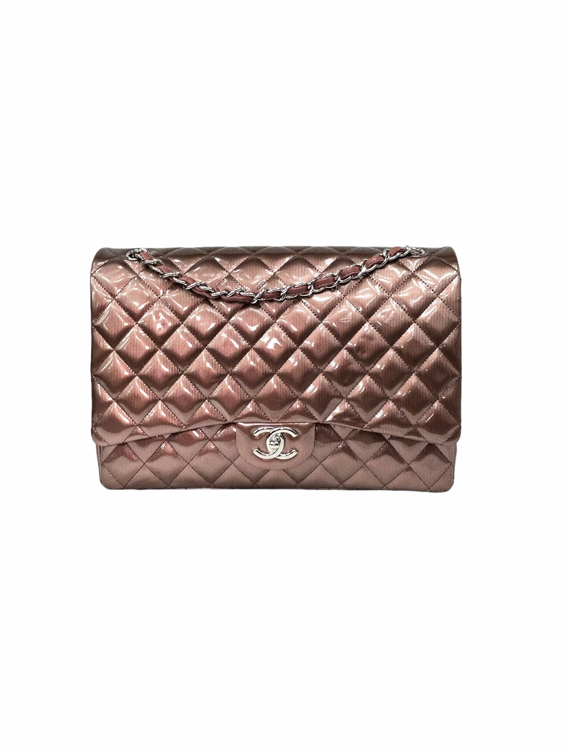 Rose Gold Stripped Patent Maxi Double Flap W/SHW