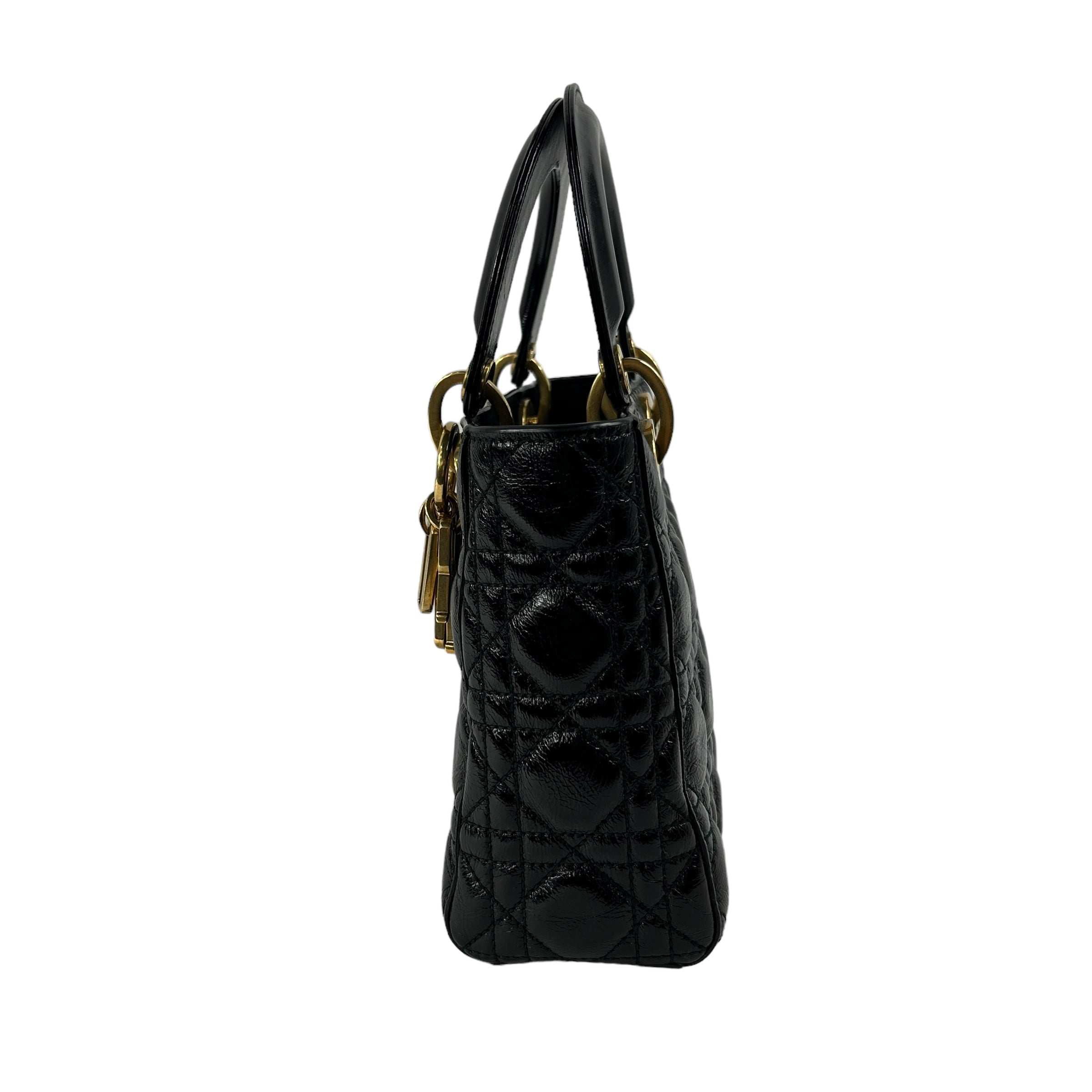 Black aged Glazed Calfskin Small Lady Dior w/AGHW