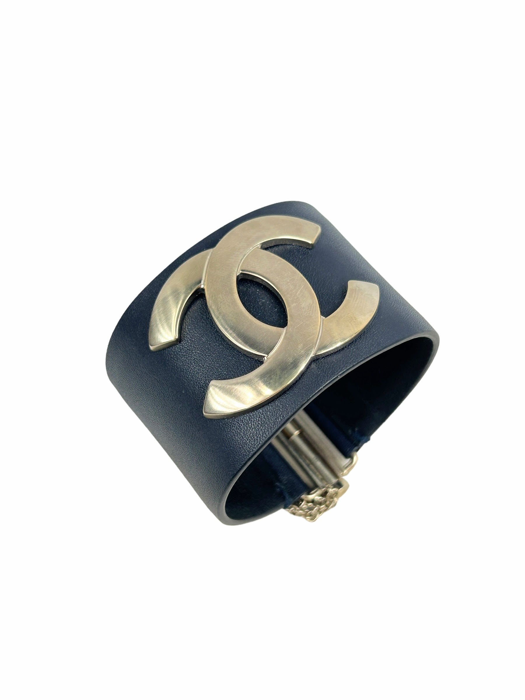 Exclusive Edition Navy Grained Leather CC Logo Cuff