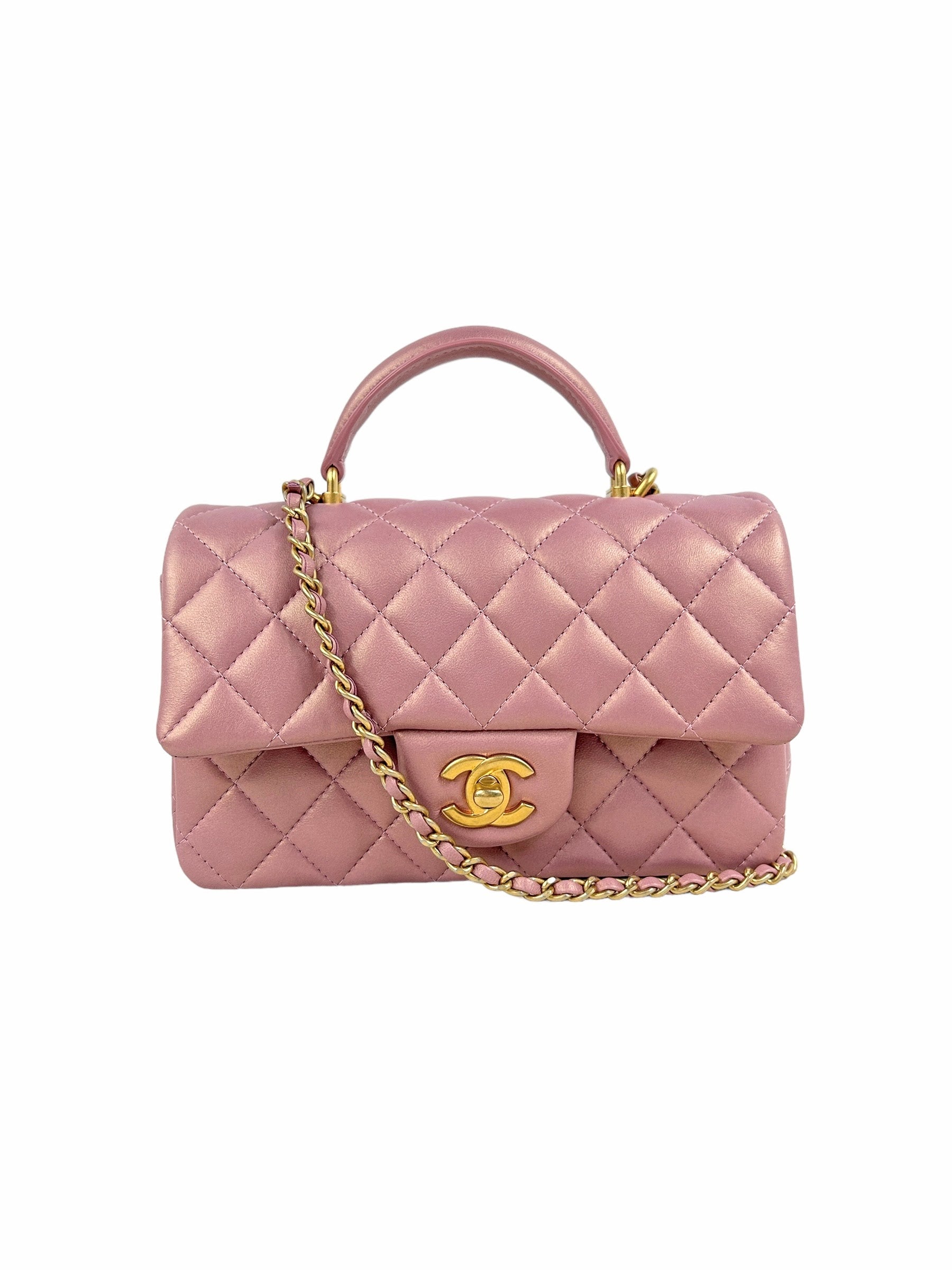 Pink Iridescent Lambskin Leather Quilted Mini Rectangle Top Handle Flap Bag w/AGHW