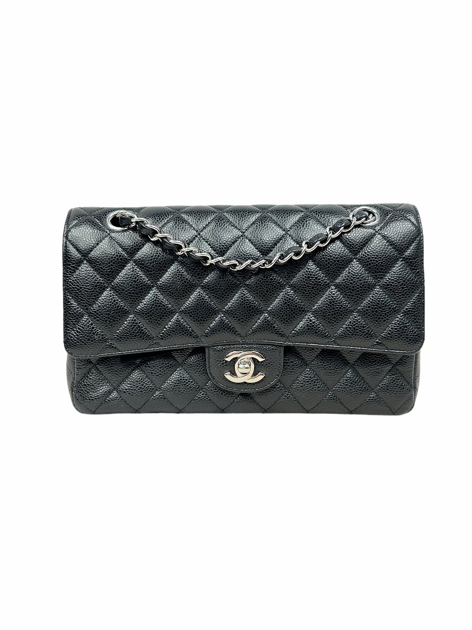 Black Caviar Quilted Small Double Flap Classic W/SHW