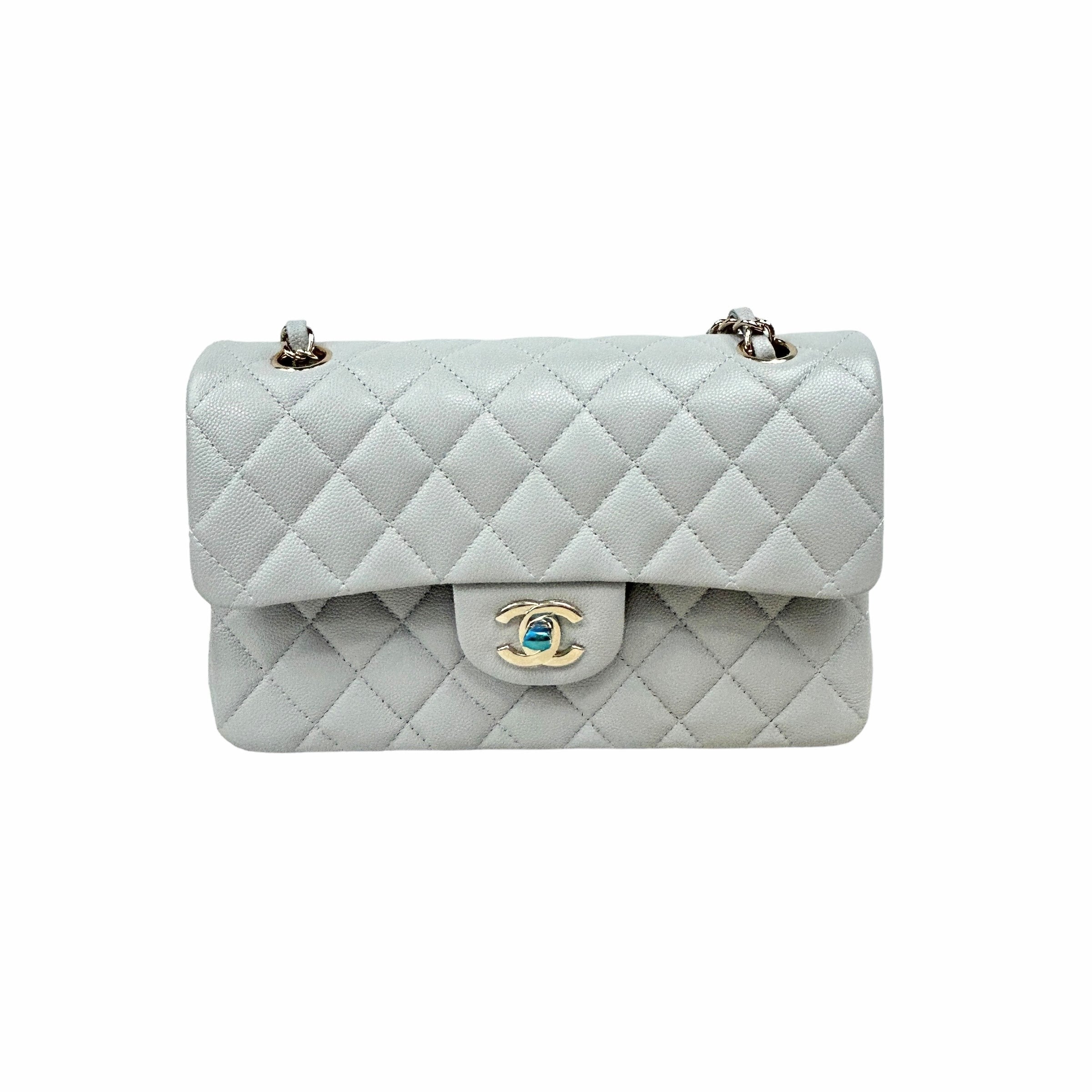 Light Grey Quilted Caviar Small Double Flap Classic W/LGHW