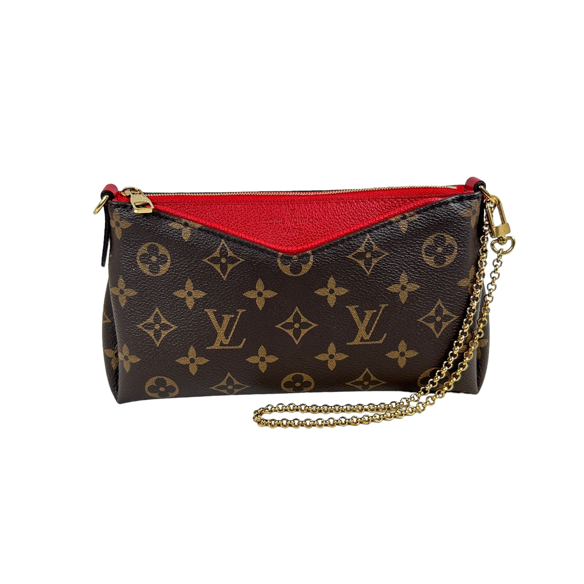 Monogram Coated Canvas Pallas Clutch w Chain and Removable Leather crossbody Strap w/GHW