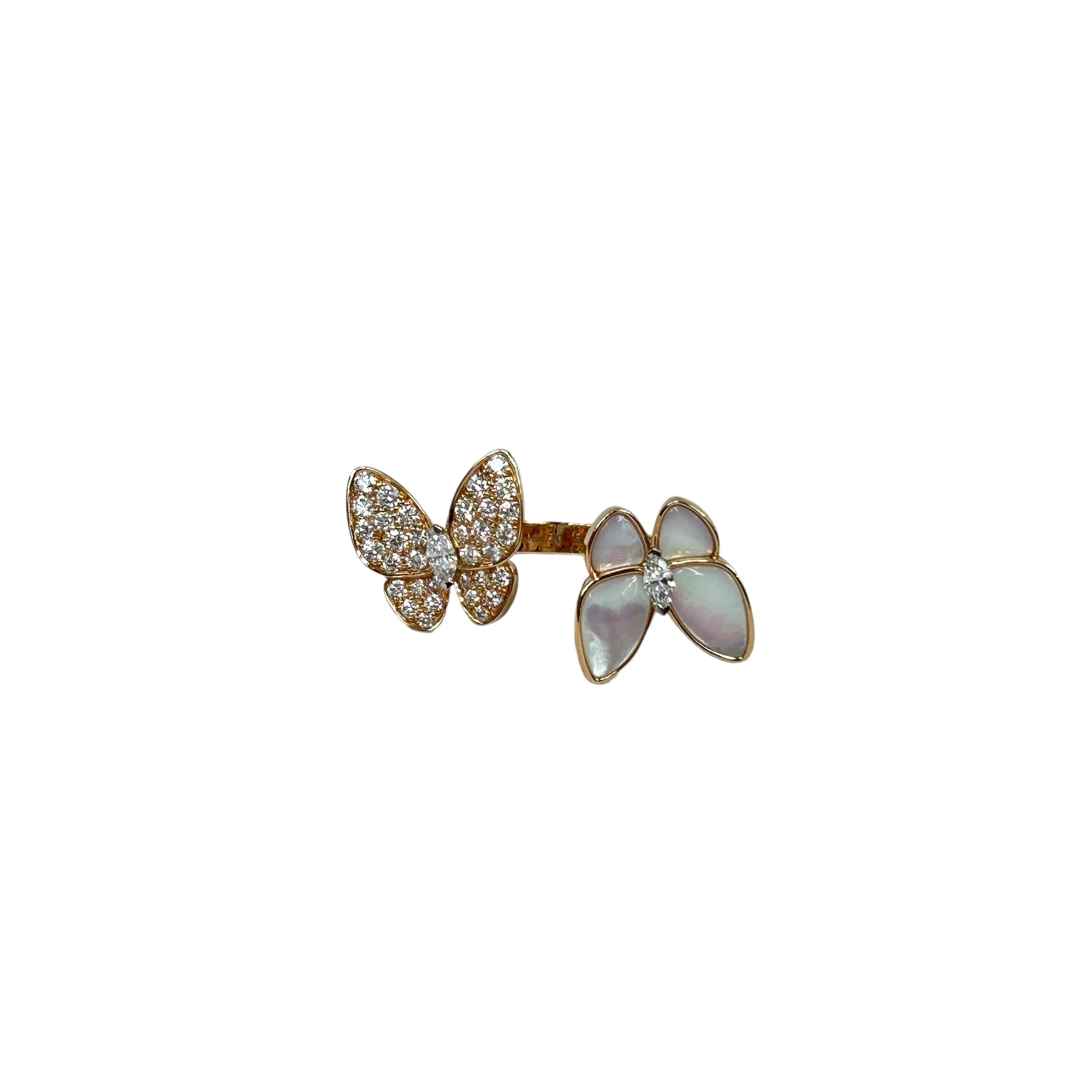 Rose Gold, White Gold, White Mother Of Pearl, Round and Marquise Diamonds Two Butterfly Between The Finger Ring