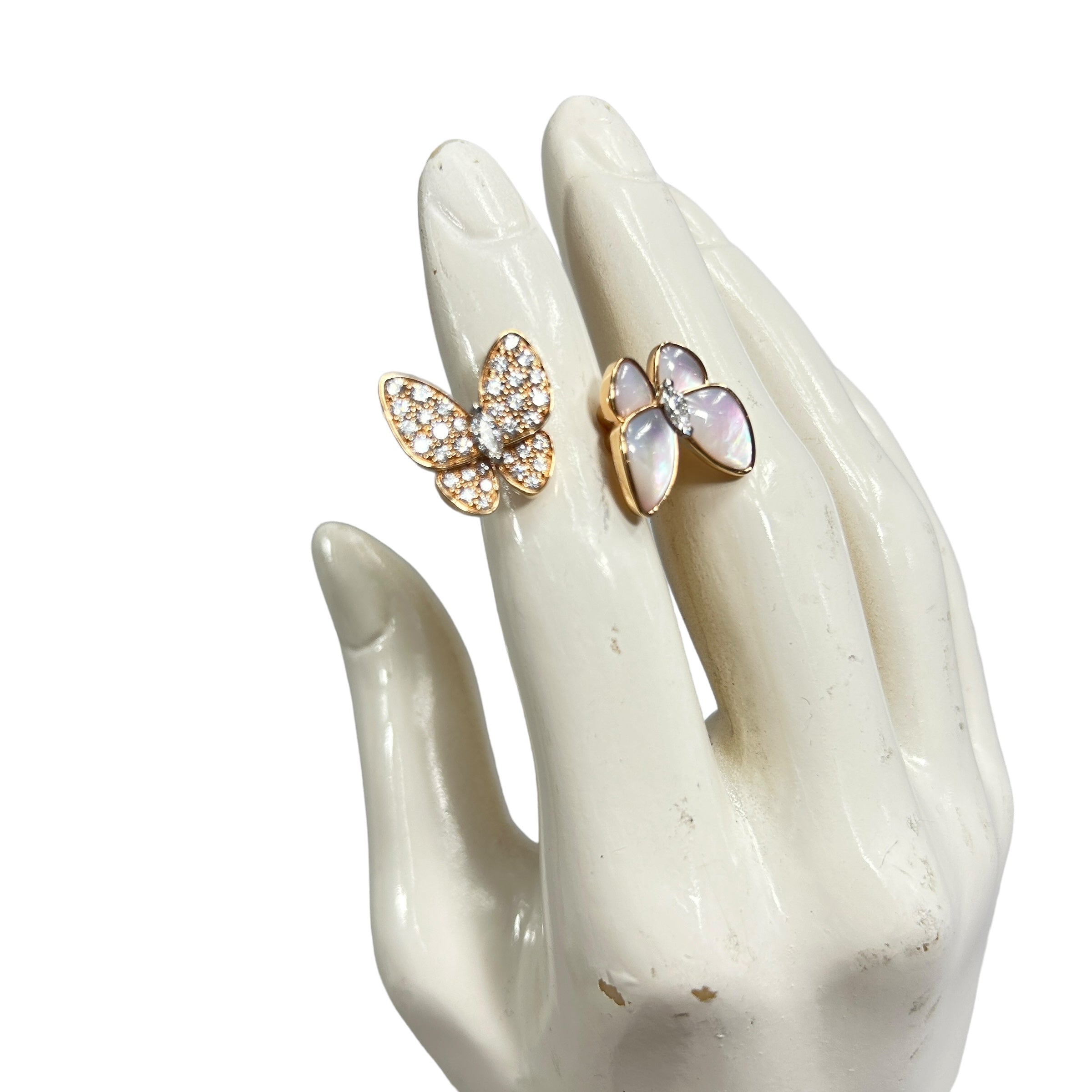 Rose Gold, White Gold, White Mother Of Pearl, Round and Marquise Diamonds Two Butterfly Between The Finger Ring