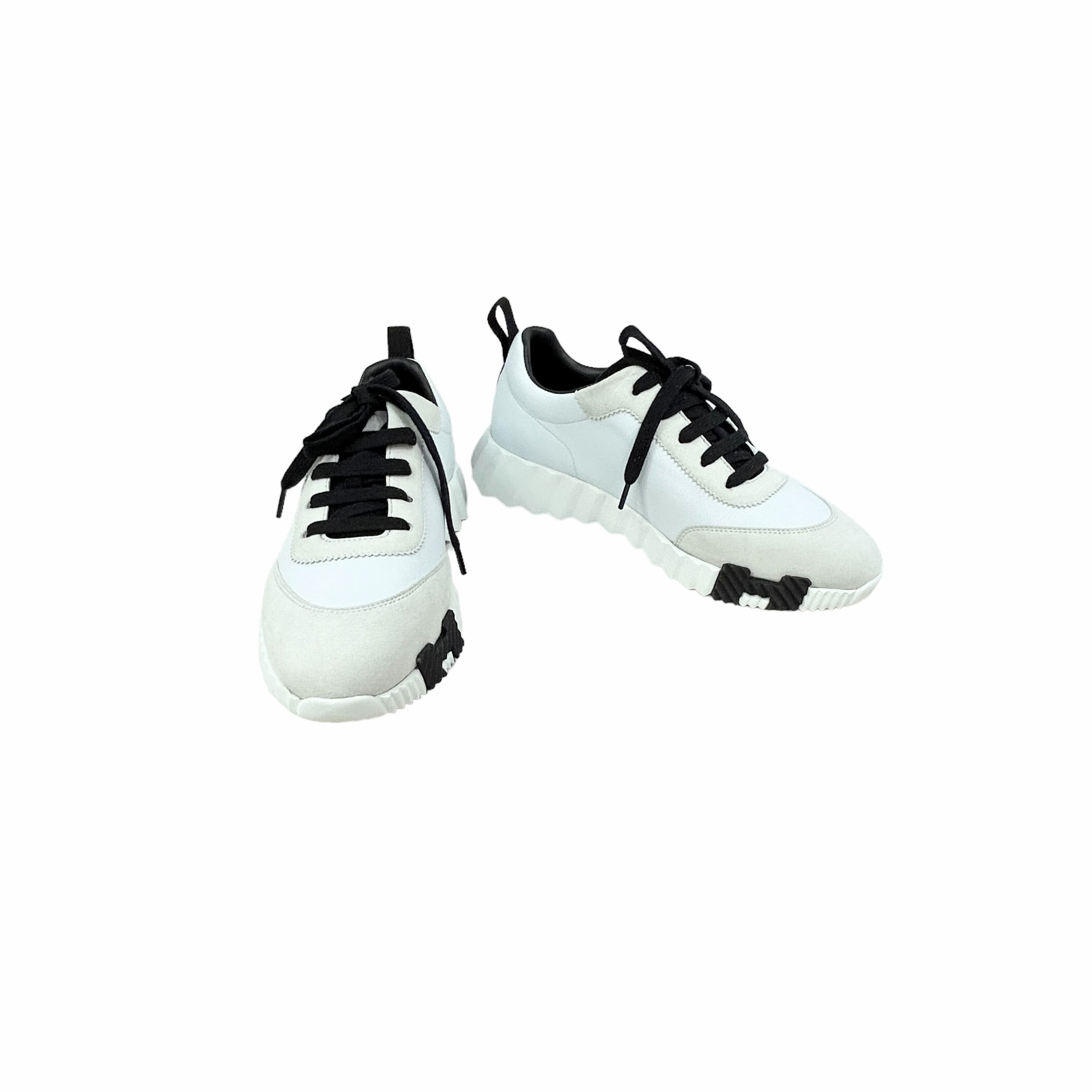 White/Black Suede/ Grained Goatskin Bouncing Sneakers