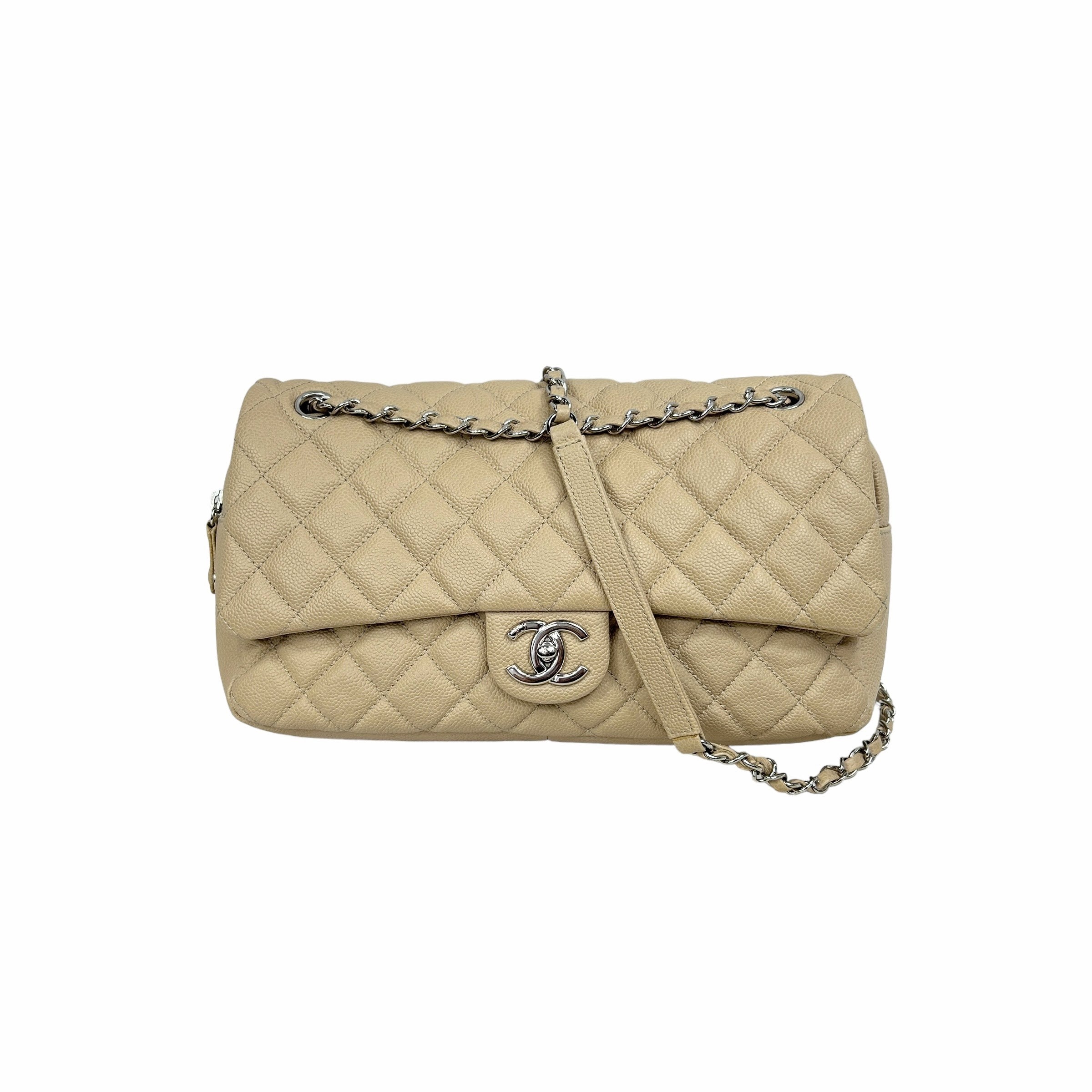 Beige Caviar Quilted Jumbo Classic Easy Flap Bag w/SHW