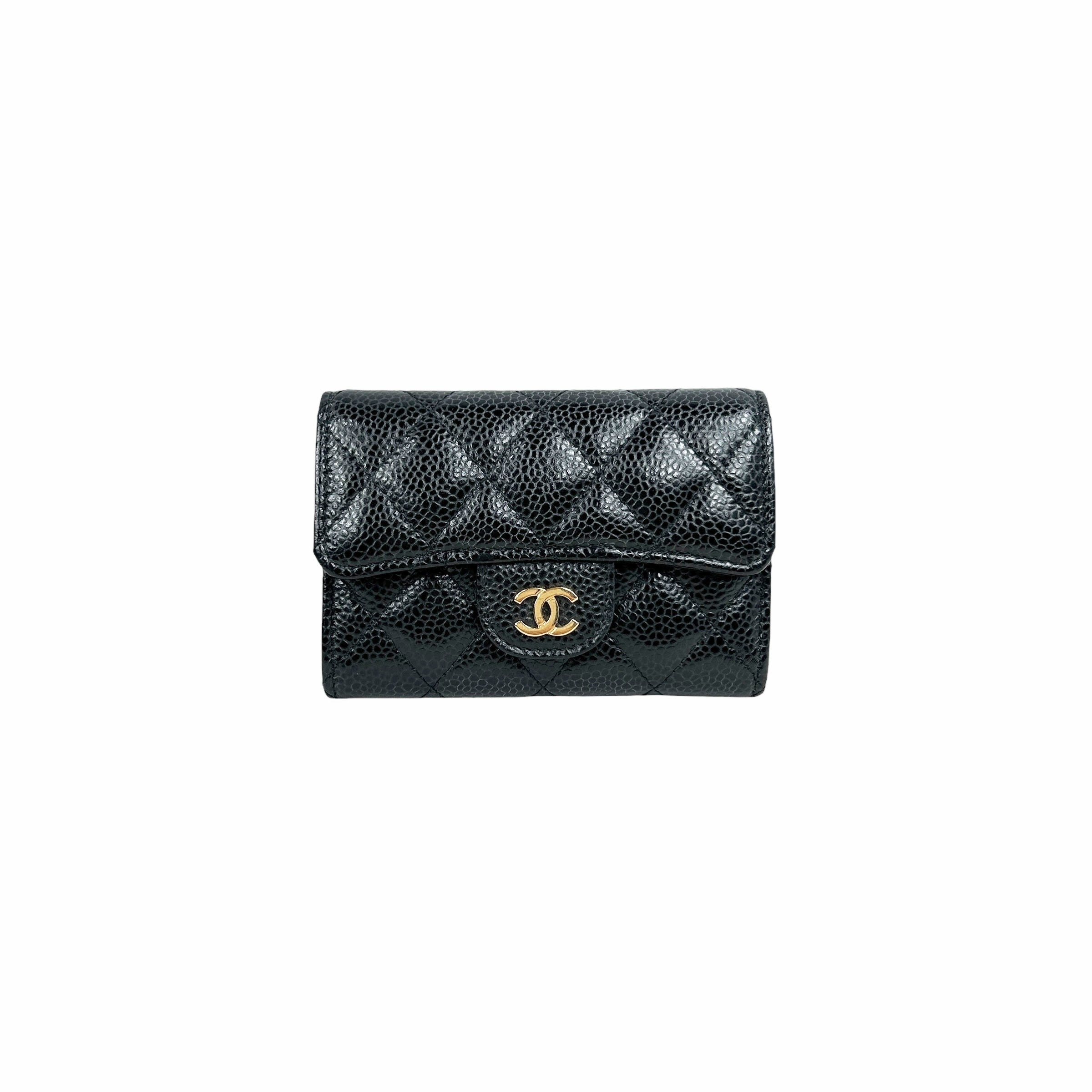 Black Caviar Quilted Card Case Wallet W/GHW