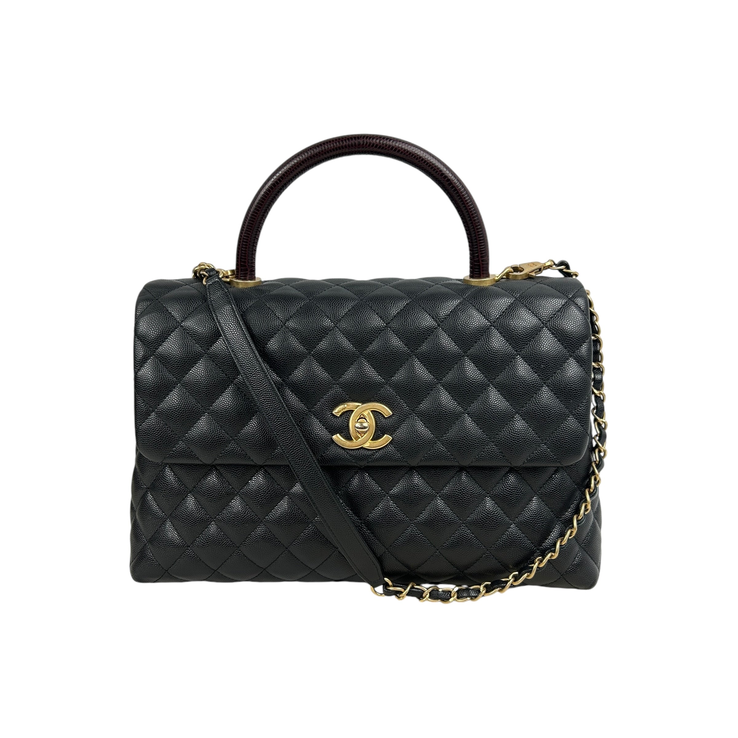 Black Caviar Quilted Coco Top Lizard Handle Large Bag w/AGHW