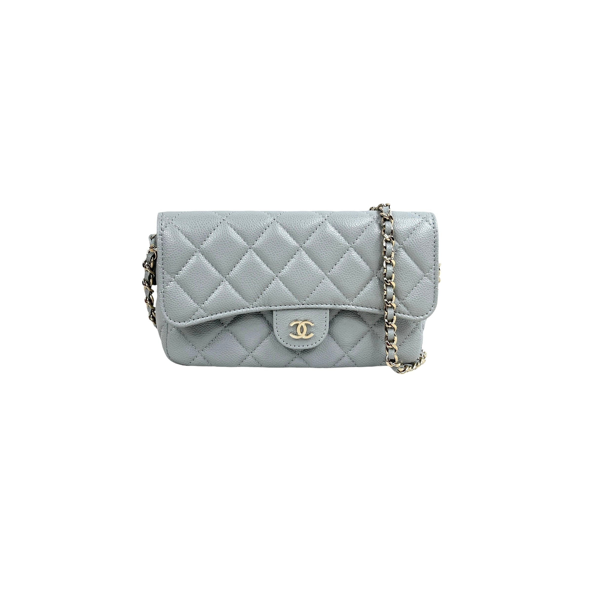 Caviar Quilted Light Grey Wallet/ Phone Holder on Chain w/LGHW