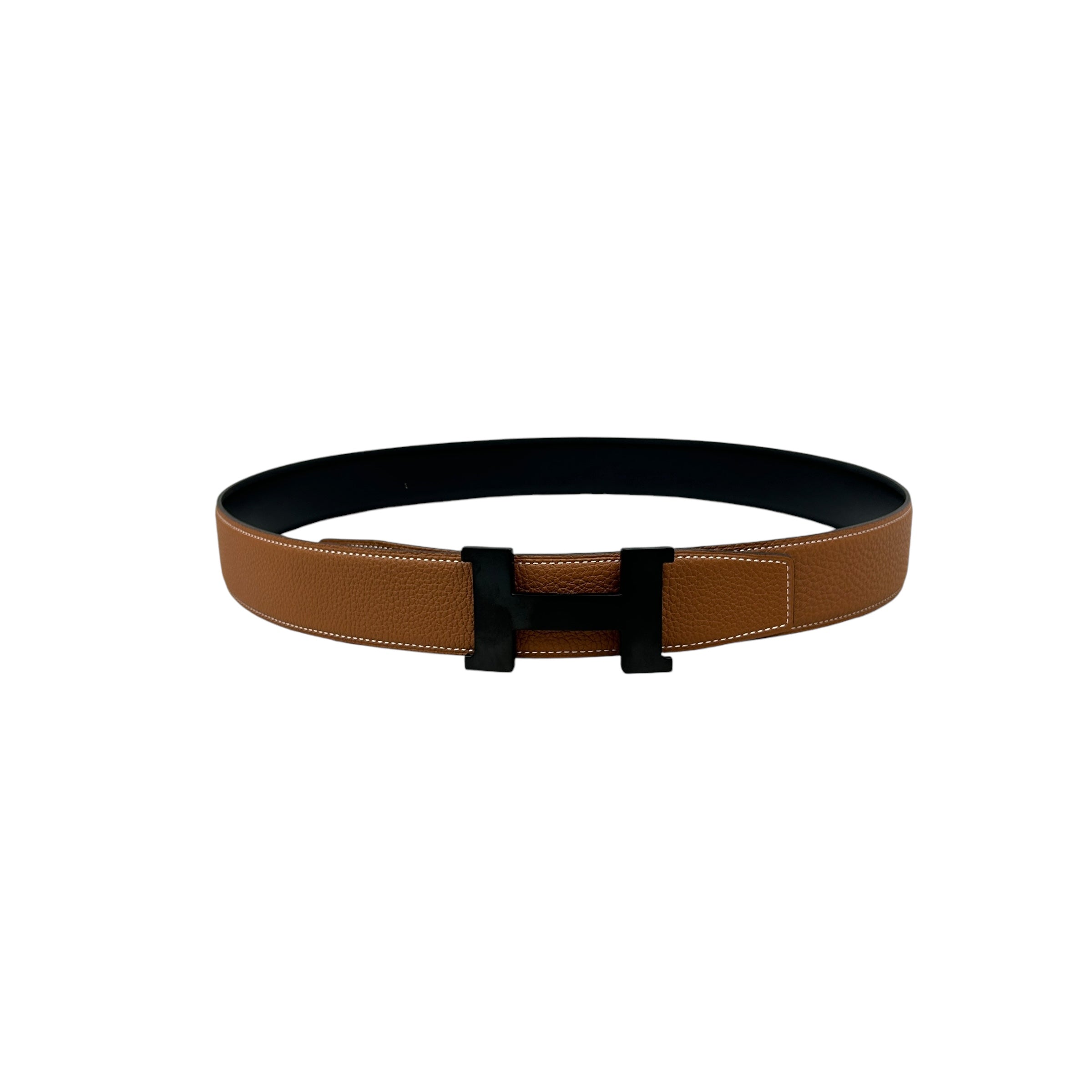 Noir/Gold Togo and Box calf Leather H Reversible Men’s Belt W/BHW