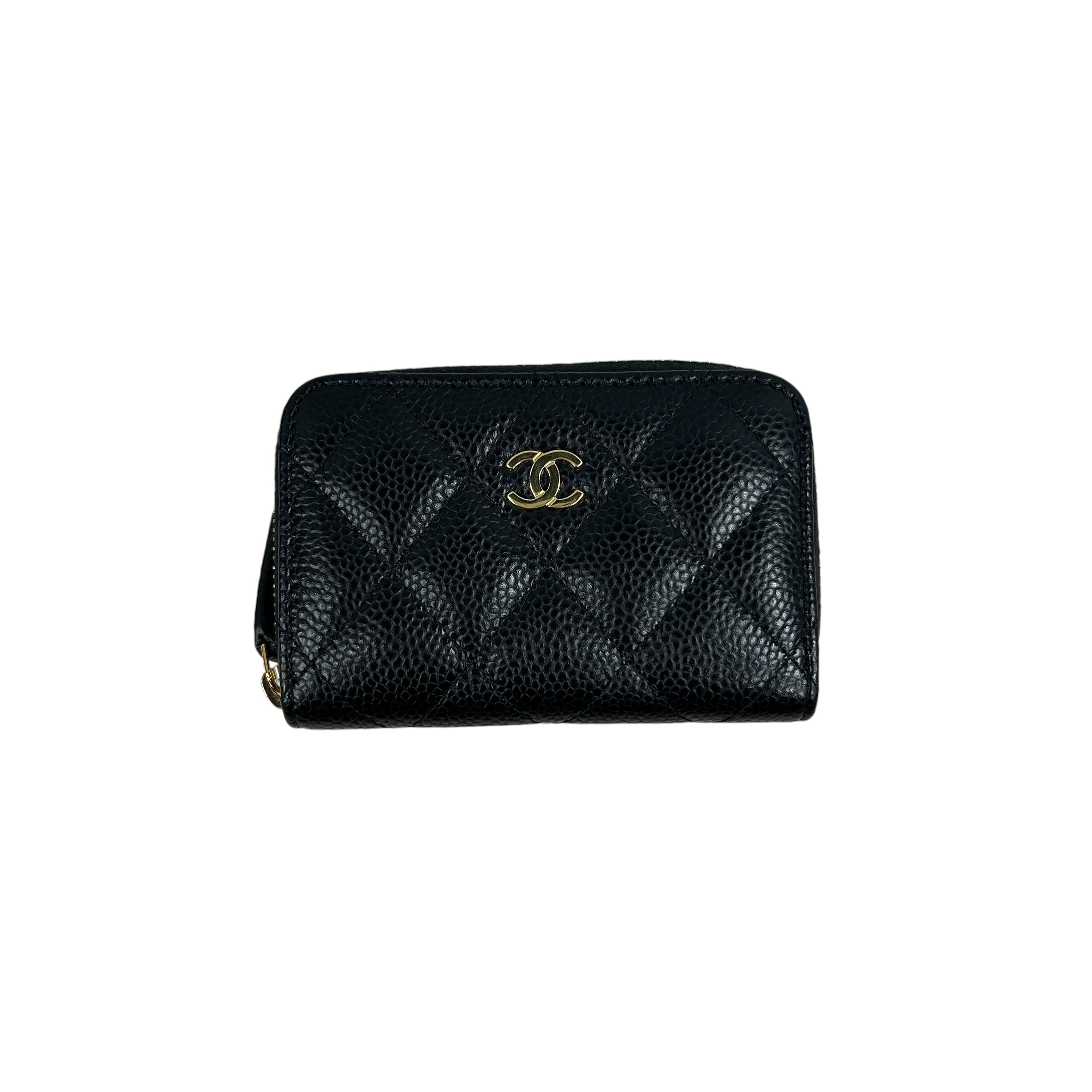 Black Caviar Quilted Zippy Card Wallet w/GHW