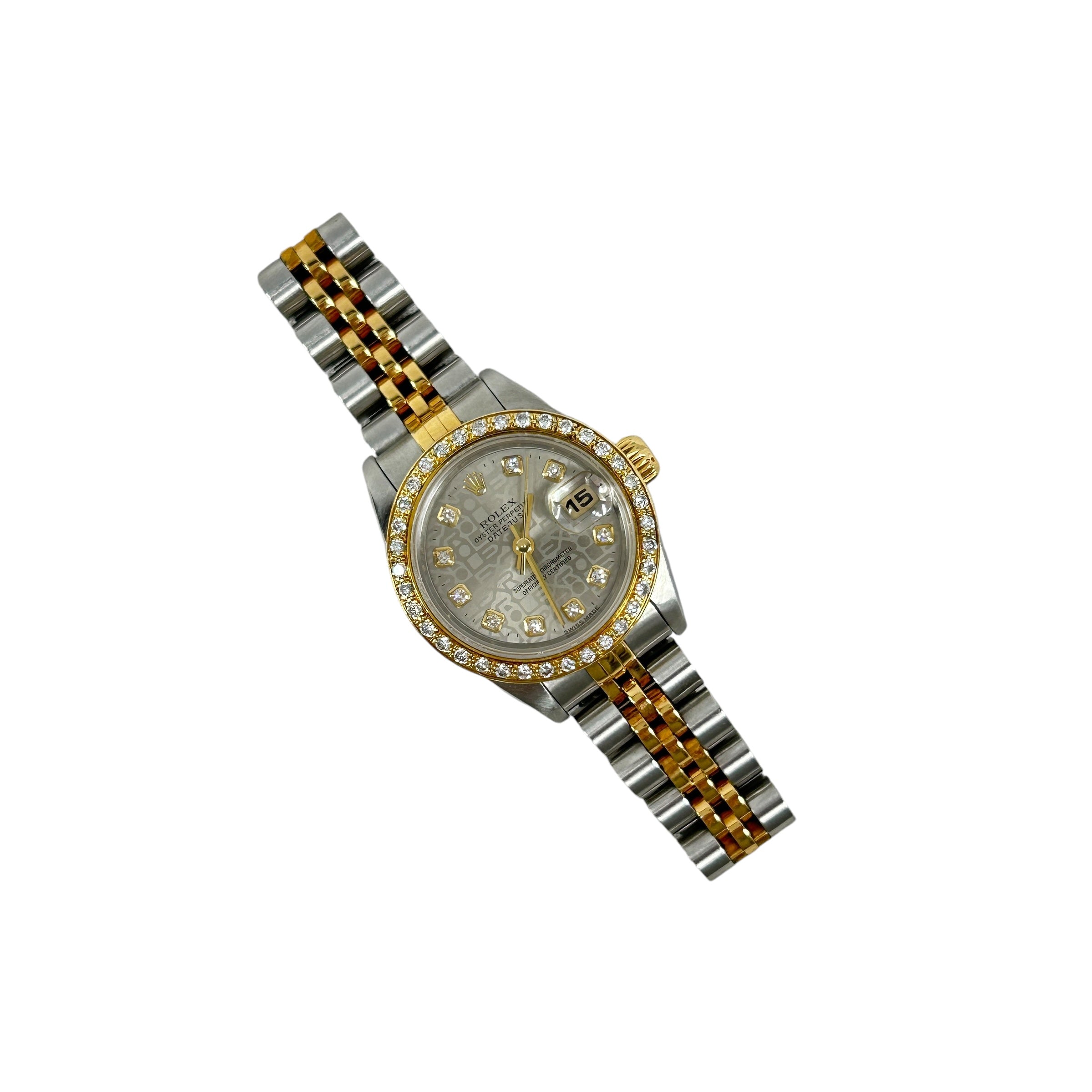 Ladies Oyster Perpetual Datejust Two Tone Silver/18K Yellow Gold Diamond Dial and Diamond Bezel Watch