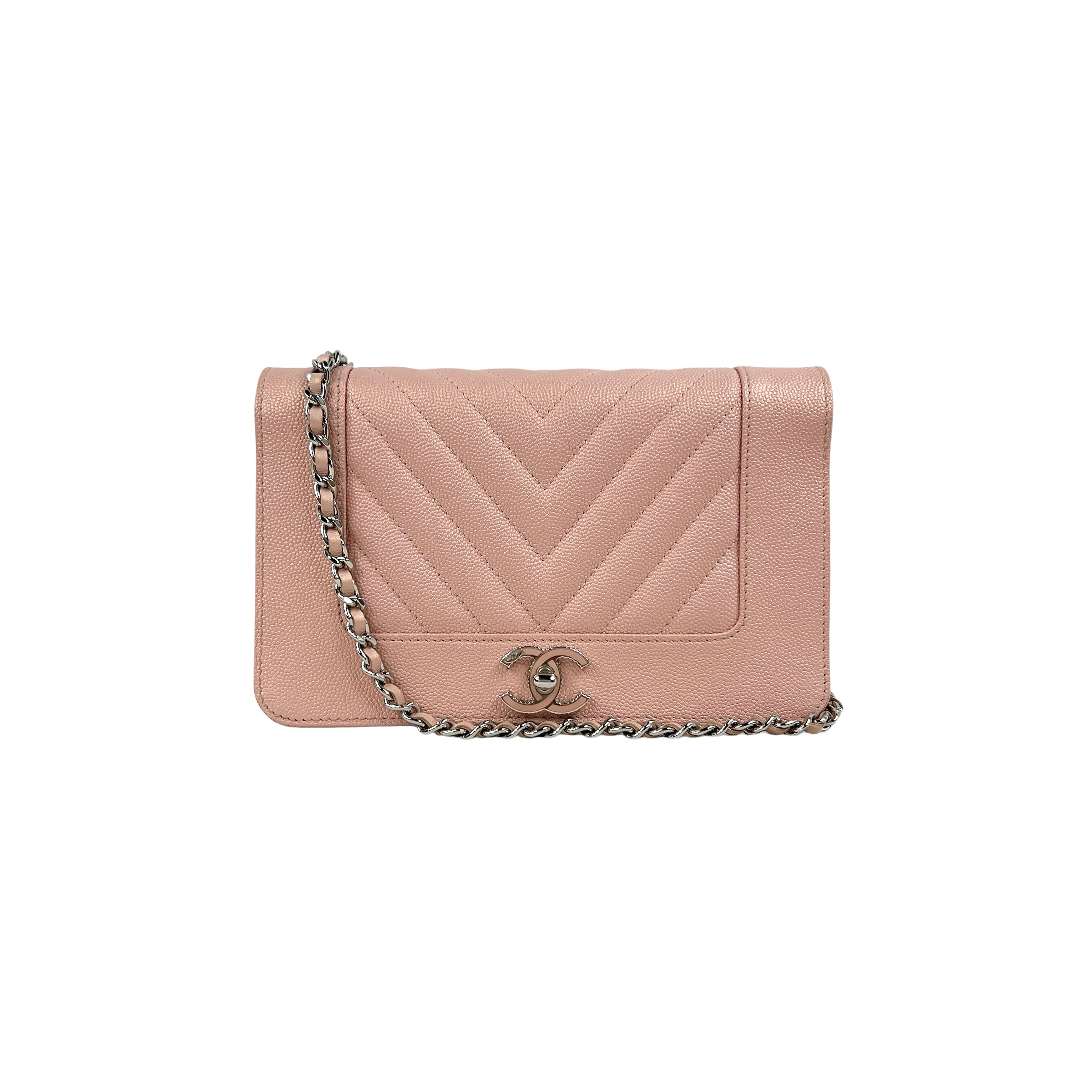 Mademoiselle Metallic Rose Pink Chevron Wallet on Chain w/SHW