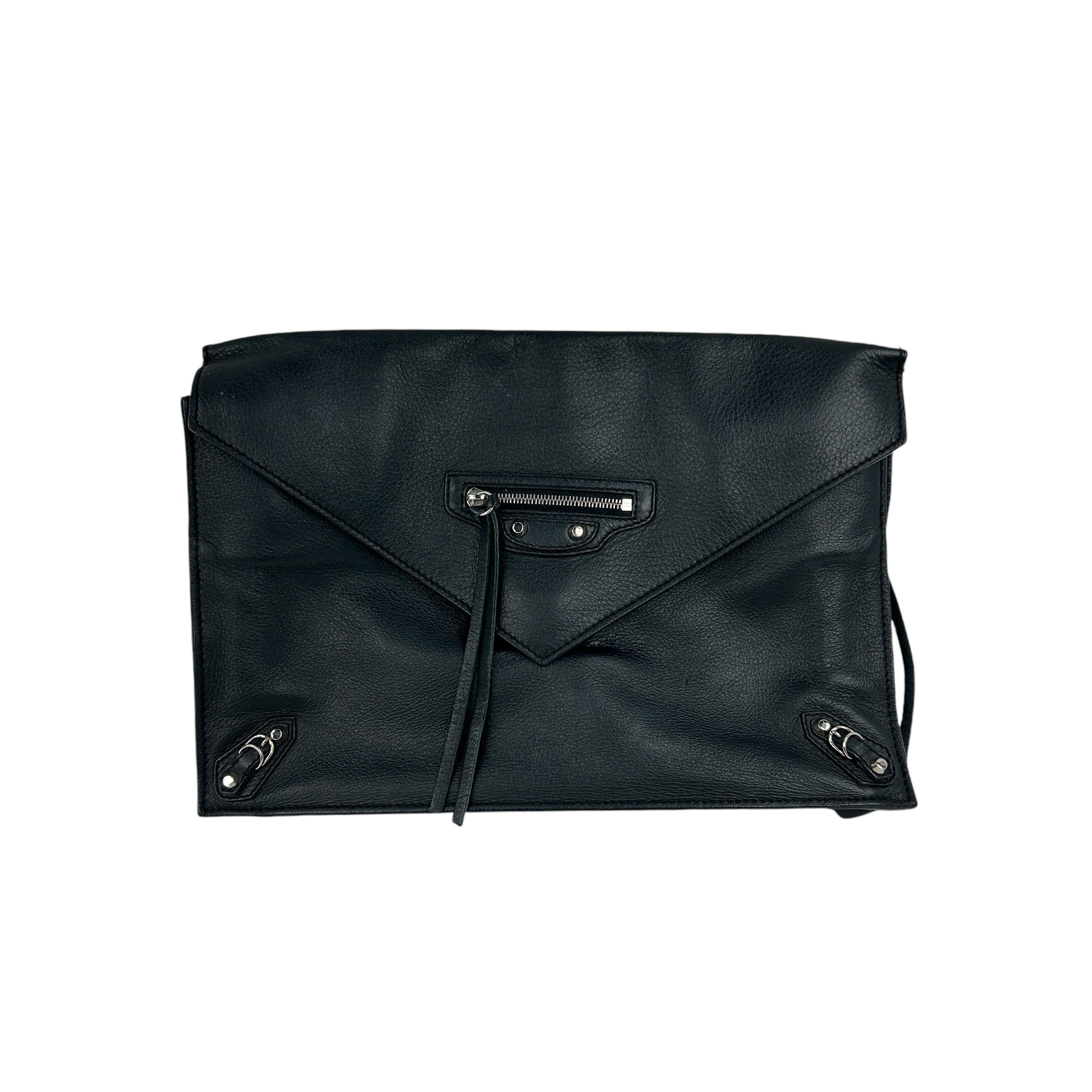 Black Calfskin Leather Paper Zip Around Site Clutch w/SHW