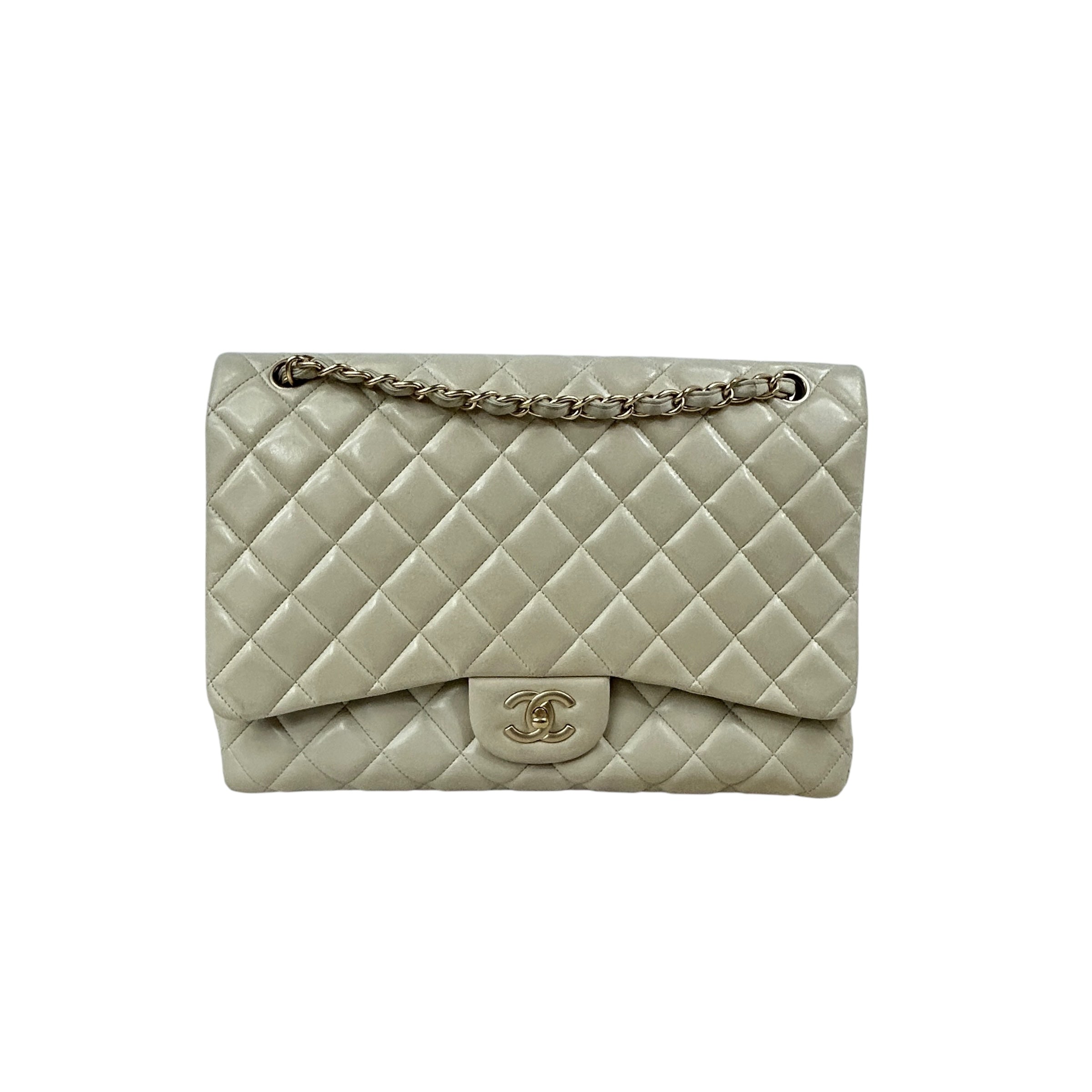 Beige Quilted Lambskin Maxi Single Classic Flap Bag w/MGHW