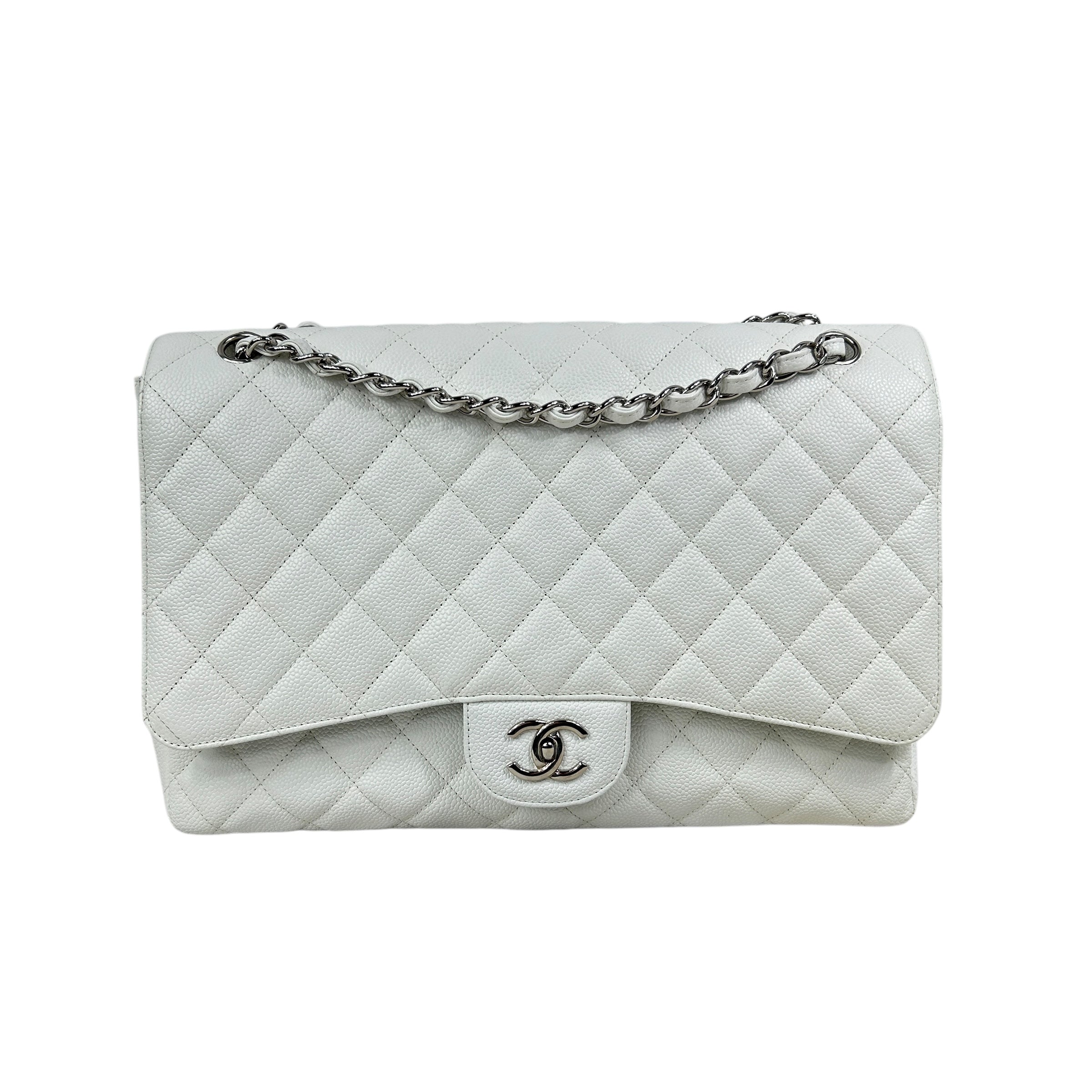 White Caviar Quilted Maxi Single Flap Classic Bag w/SHW