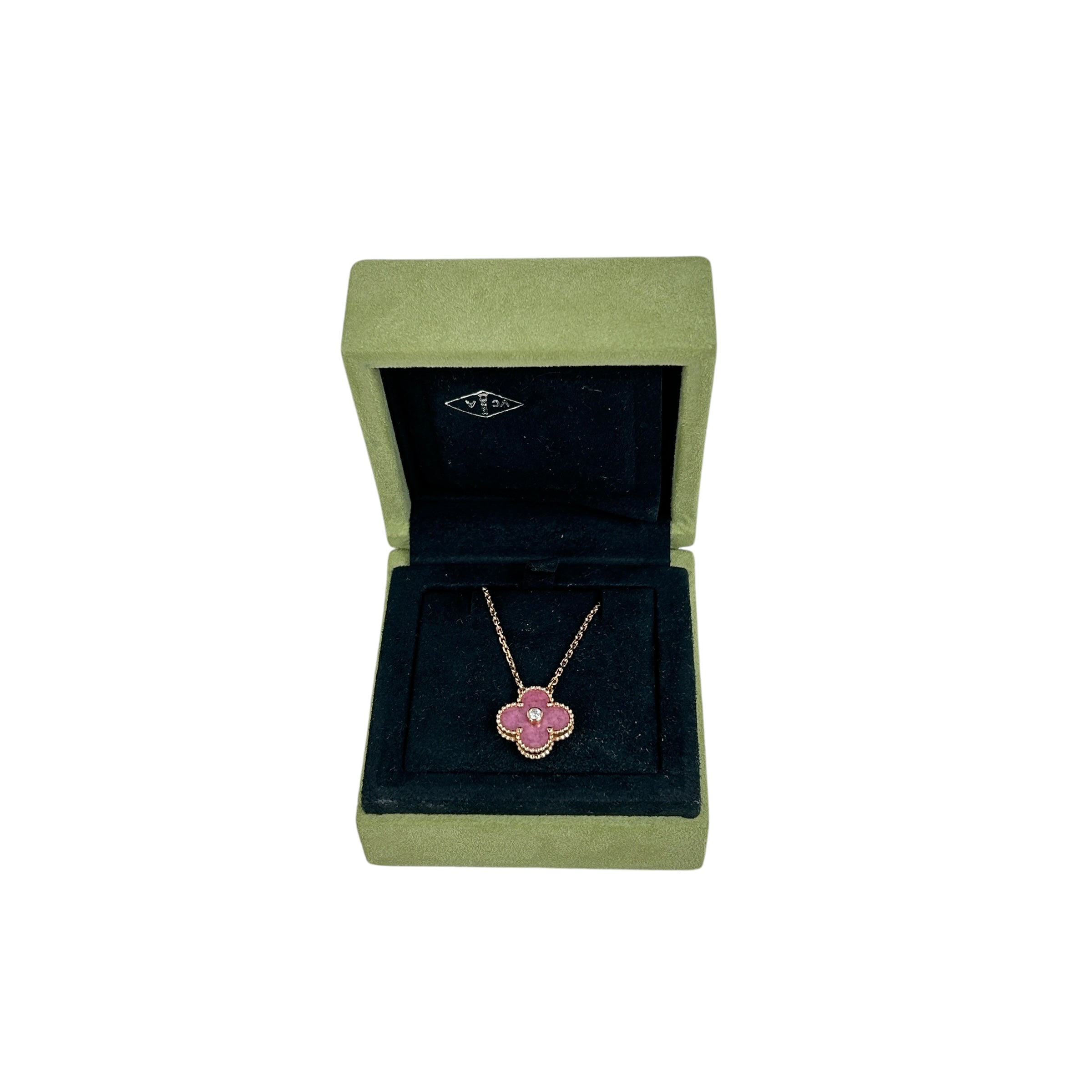 Limited Holiday Edition 18K Rose Gold, Pink Rhodonite and  Diamond Christmas Holiday Alhambra Vintage Pendant