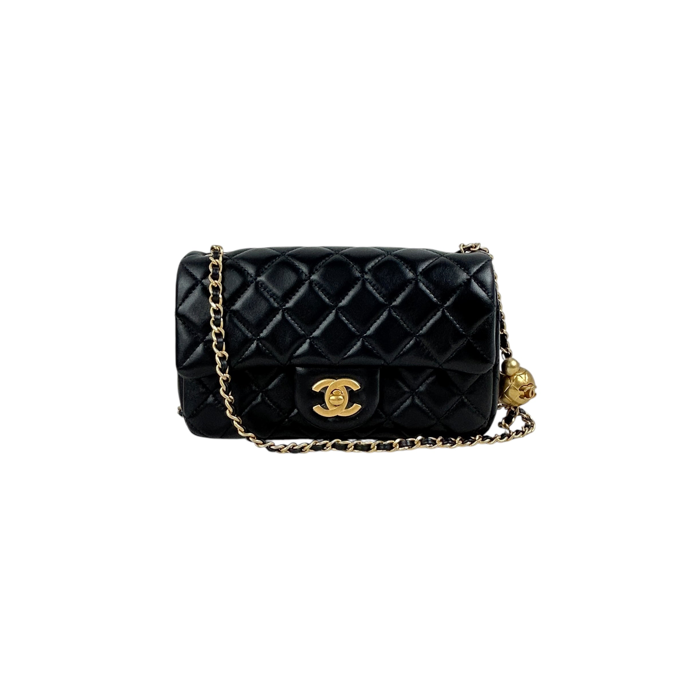 Black Lambskin Leather Quilted Rectangle Mini Pearl Crush w/AGHW