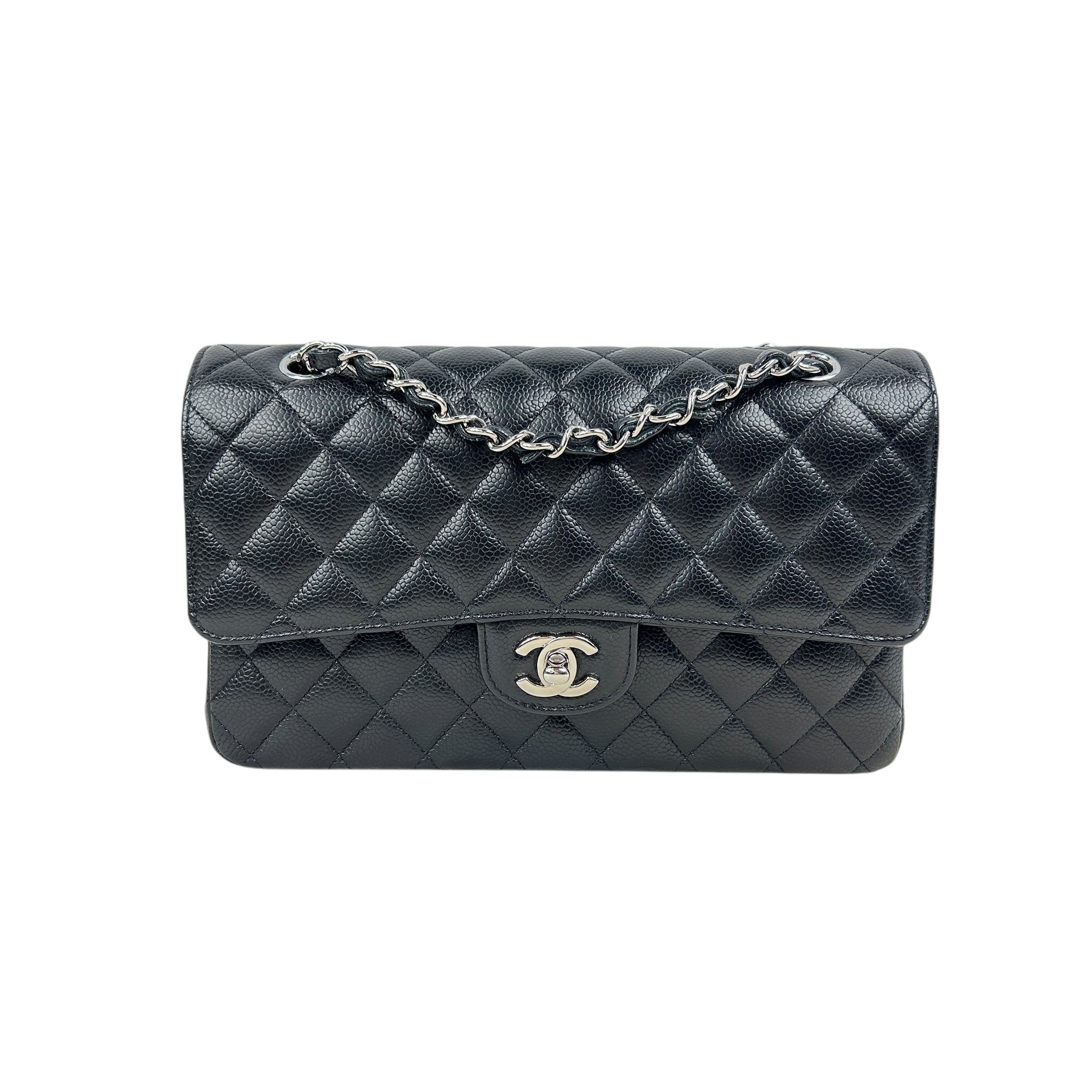 Black Quilted Caviar Medium Classics Double Flap w/SHW