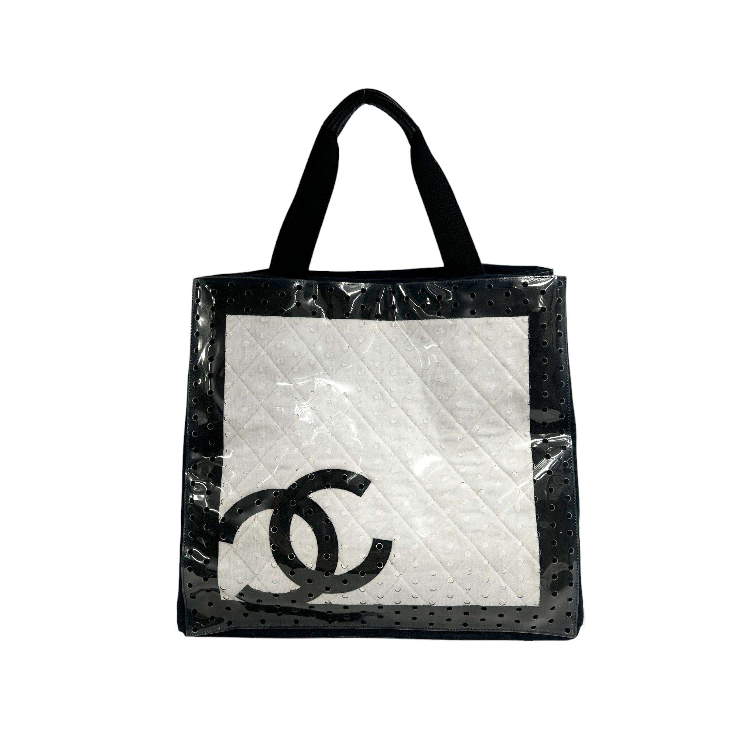 Black & White Perforated Vinyl Canvas Beach Tote Bag w/Leather Handles