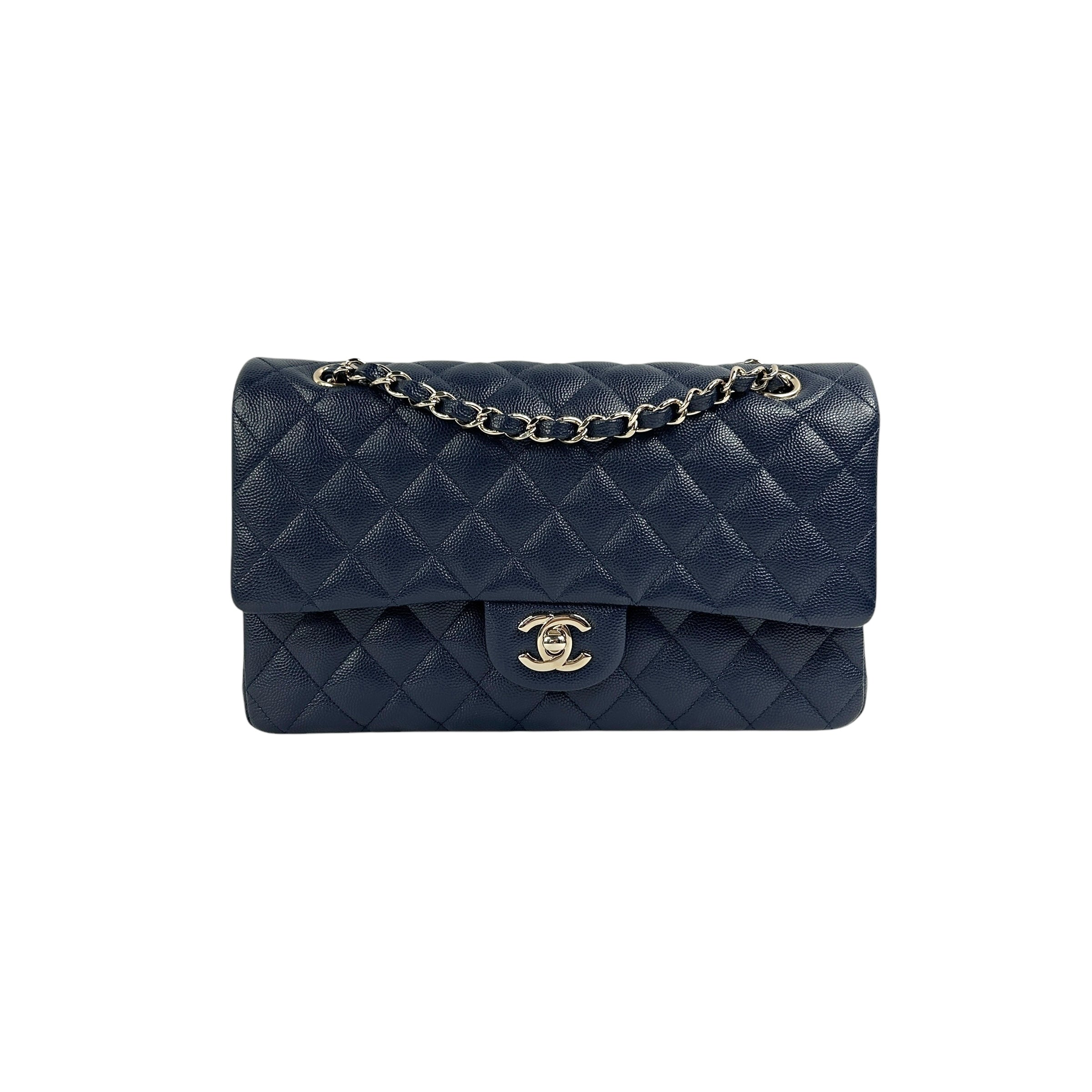 Navy Quilted Caviar Medium Classic Double Flap Bag w/GHW