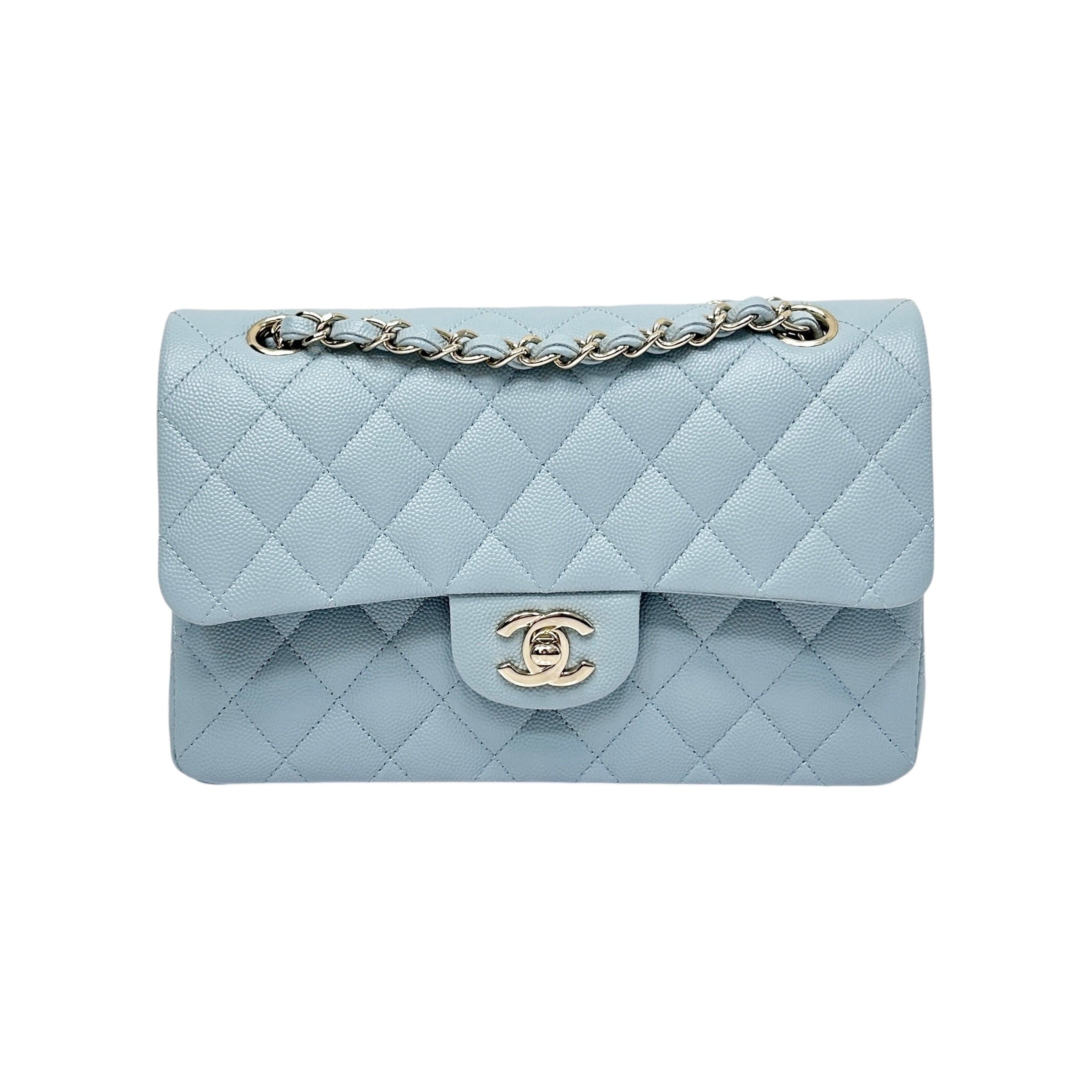 Light Blue Quilted Caviar Leather Classic Medium Double Flap Bag w/GHW