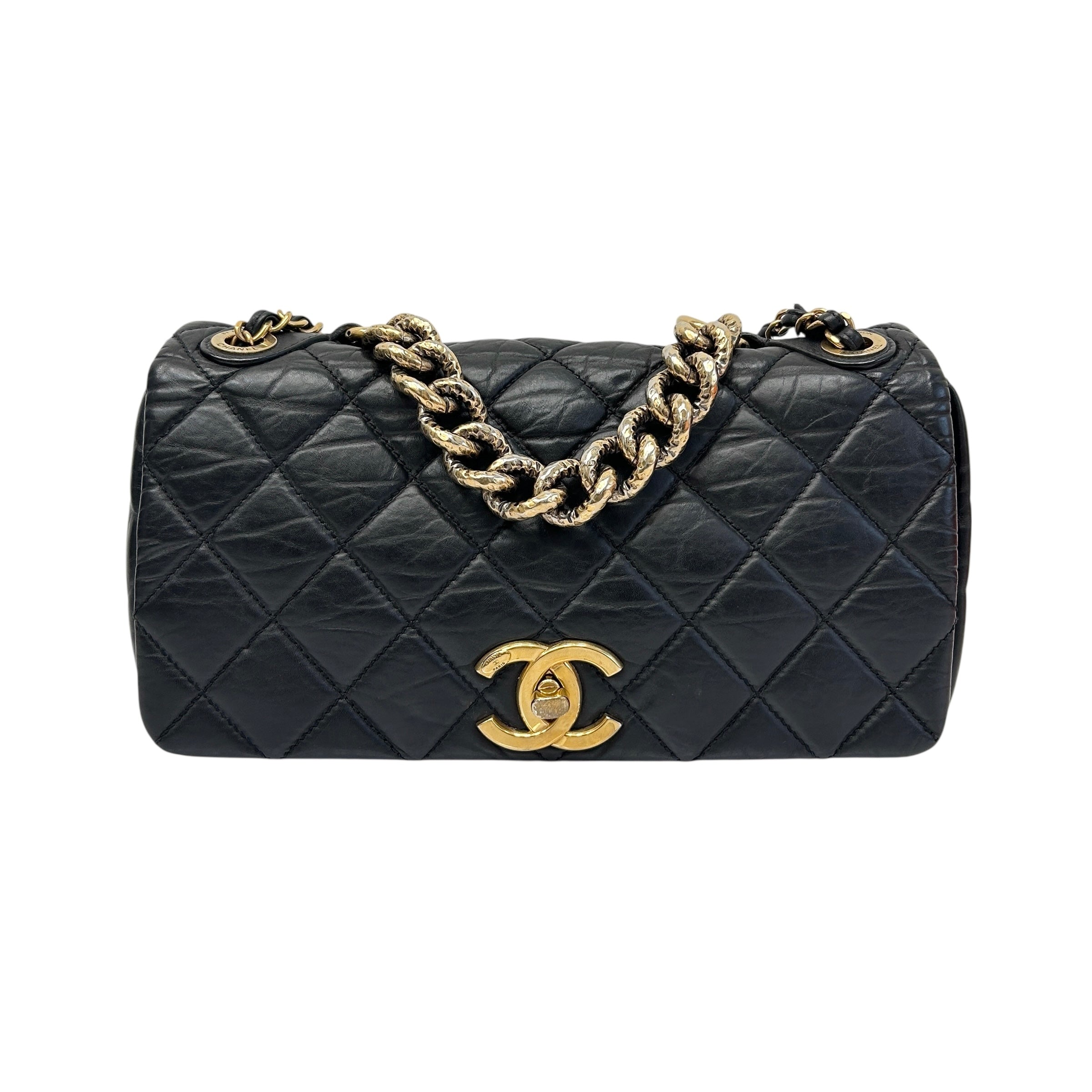 Black Quilted Aged Calfskin Quilted Medium Pondichery Flap Bag w/GHW